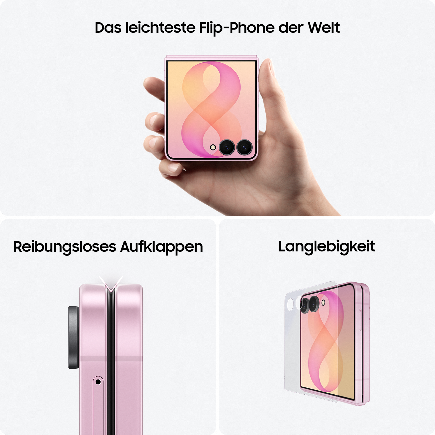 Hand hält leichtes, rosa Flip-Phone mit zwei Kameras und Beispielen für Scharnier und Langlebigkeit.