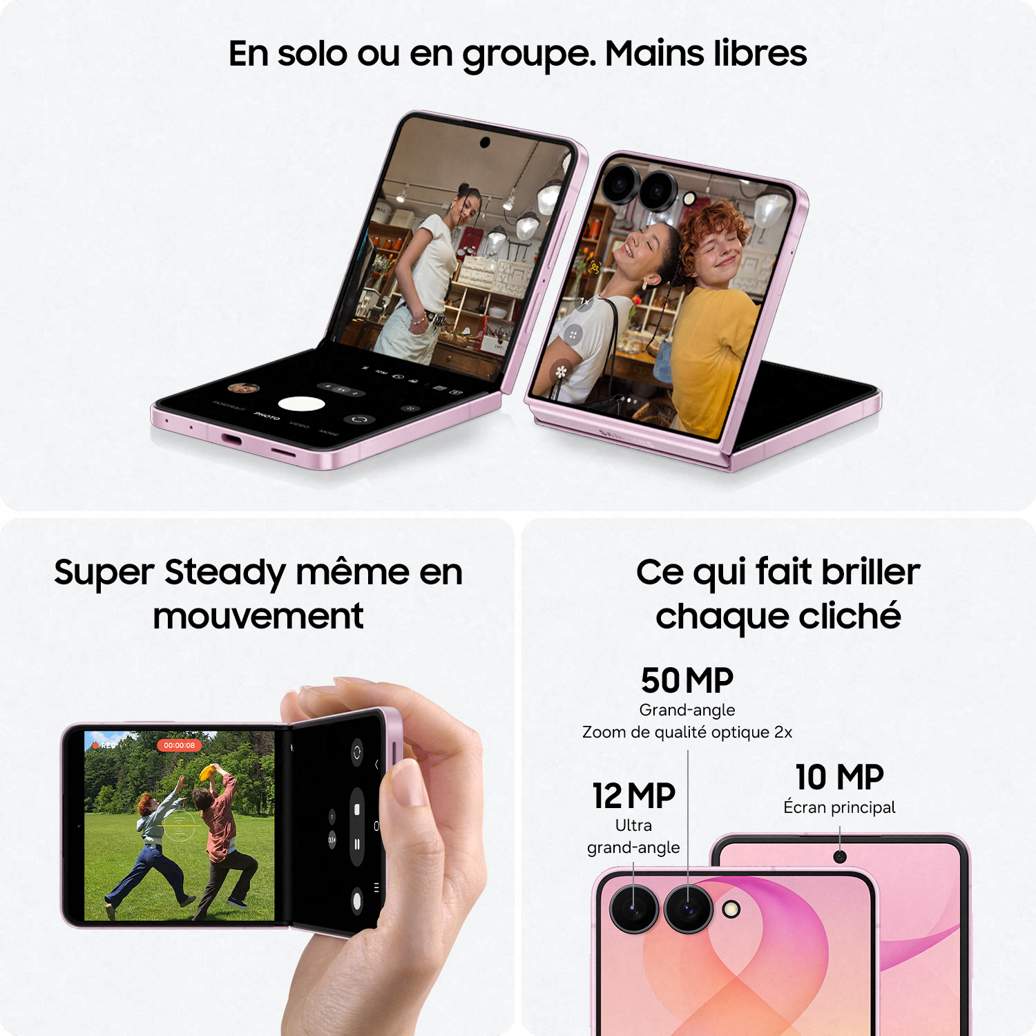 Image promotionnelle d'un smartphone pliable rose montrant des fonctions photo et des specs.