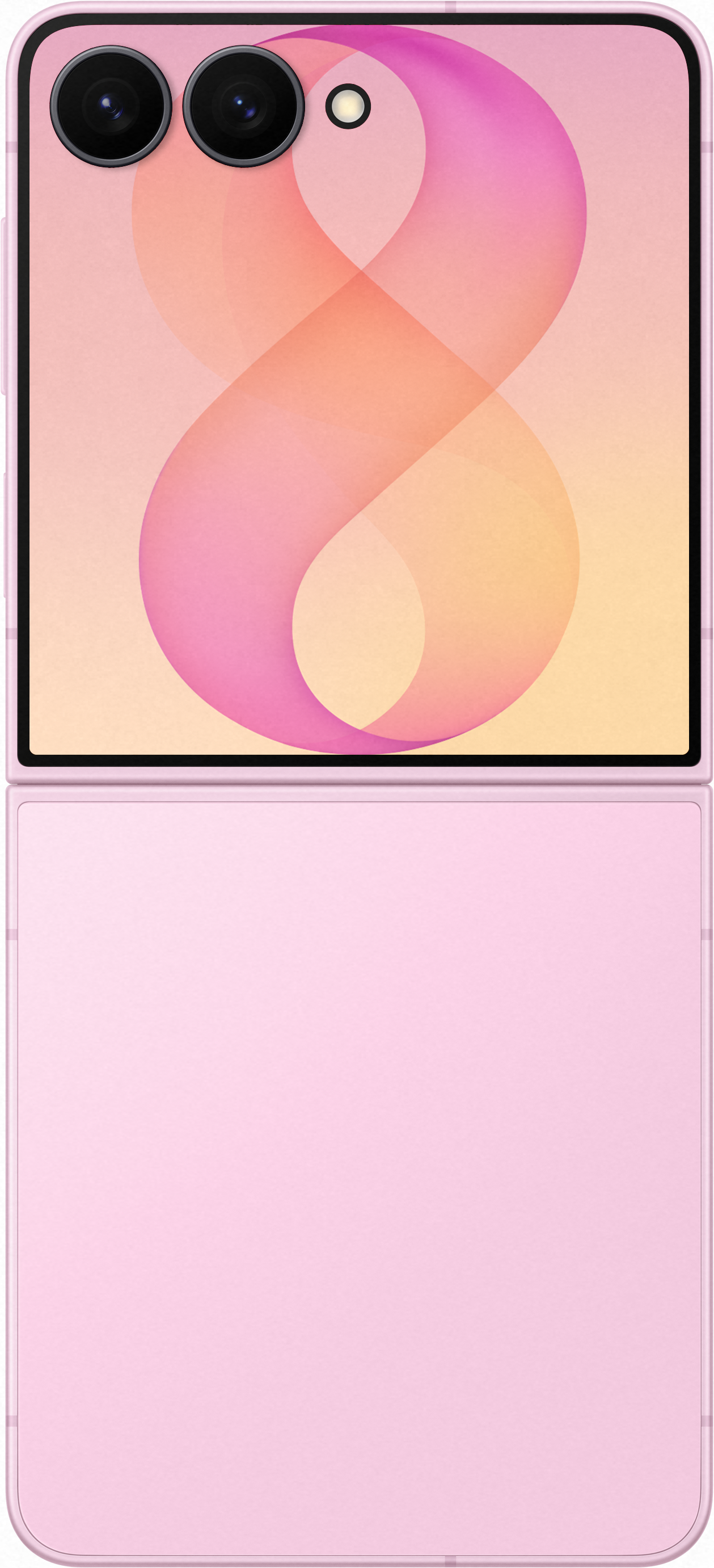 Uno smartphone pieghevole rosa mostra due fotocamere e uno schermo colorato.