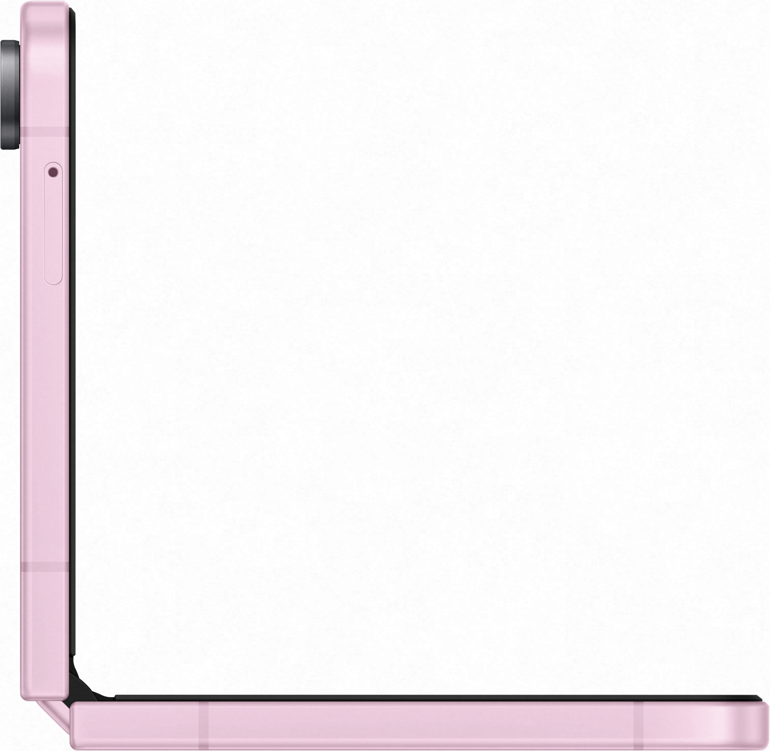 Vista laterale di un telefono pieghevole rosa in posizione semiaperta su sfondo bianco.