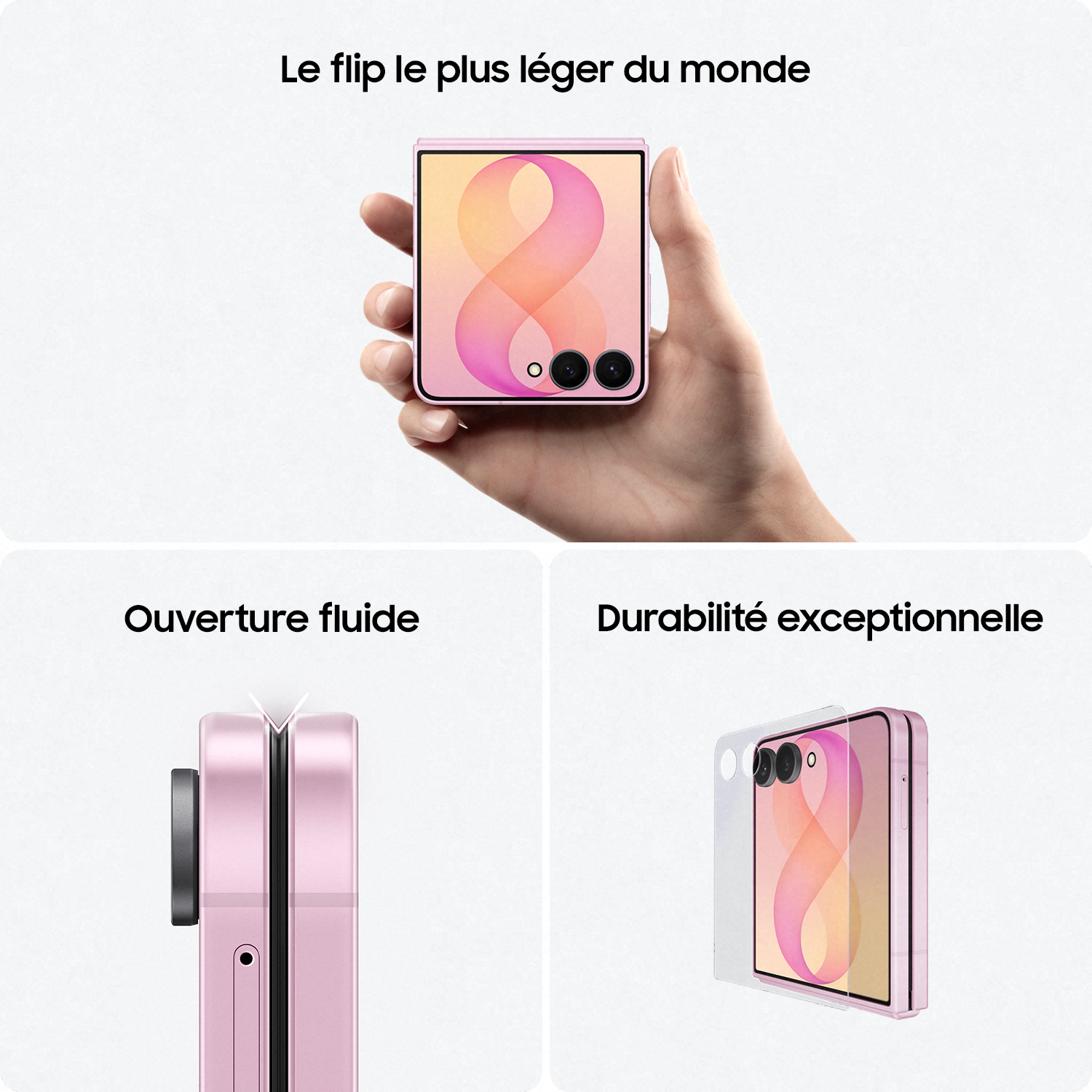 Main tenant un smartphone pliable rose avec des légendes en français.