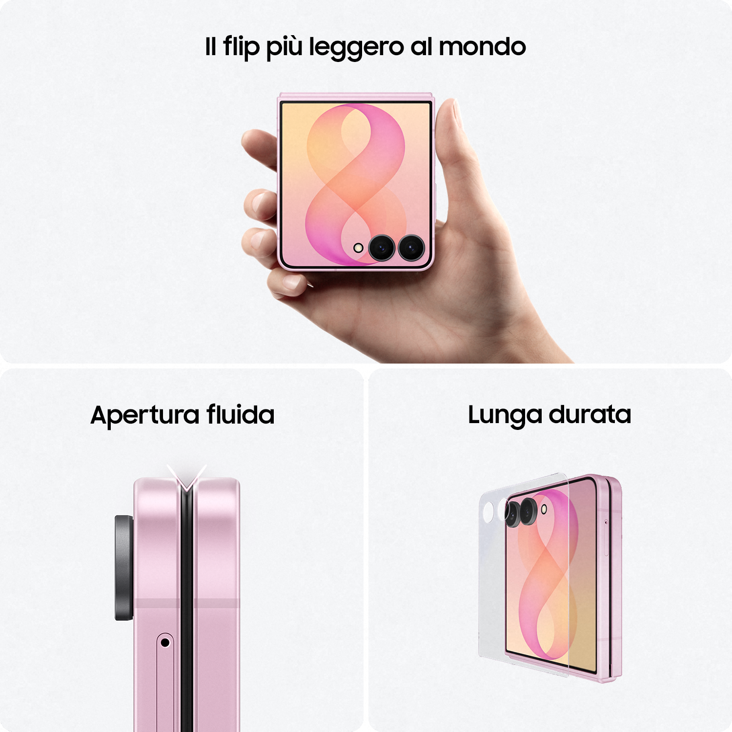 Uno smartphone pieghevole rosa tenuto in mano, con primi piani su cerniera e durata.