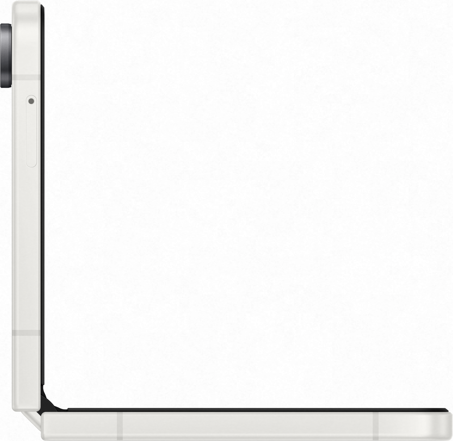 Vista laterale di uno smartphone pieghevole bianco, parzialmente aperto, su sfondo bianco.