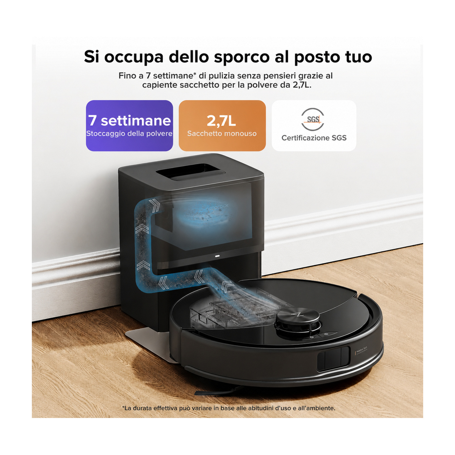 ROBOT ASPIRAPOLVERE ROBOROCK Q10 VF+, Potenza 45 W, Autonomia fino a 150 min, Sensore di superficie, Spazzola laterale, Base di carica, nero