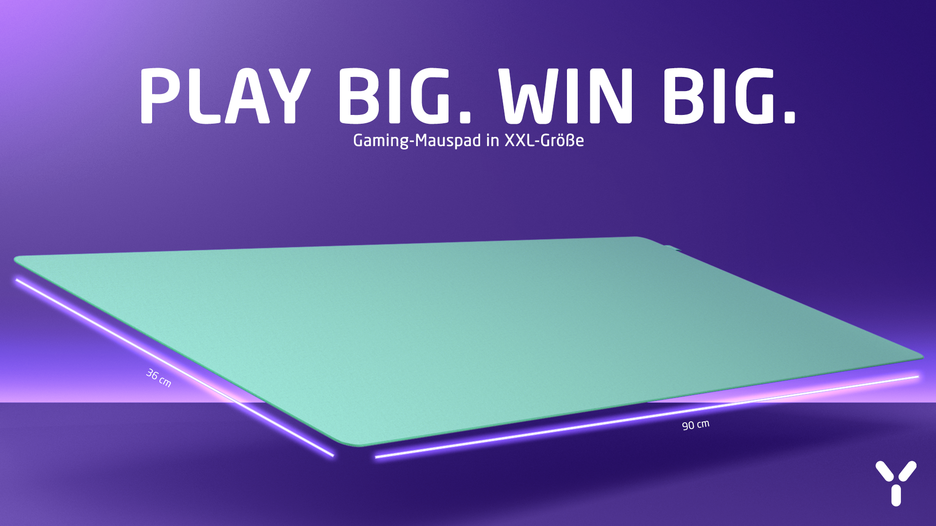 Ein großes mintgrünes XXL-Gaming-Mauspad auf violettem Hintergrund mit den Maßen 90x36 cm.