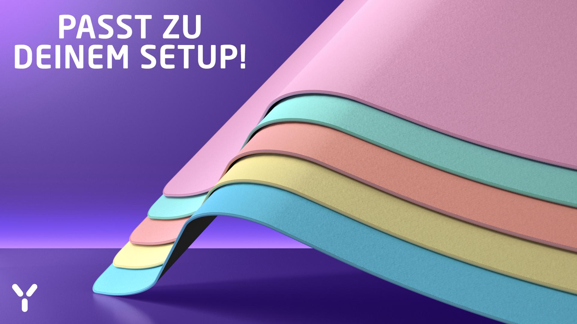 Mehrere bunte Schreibtischunterlagen liegen übereinander vor einem violetten Hintergrund.