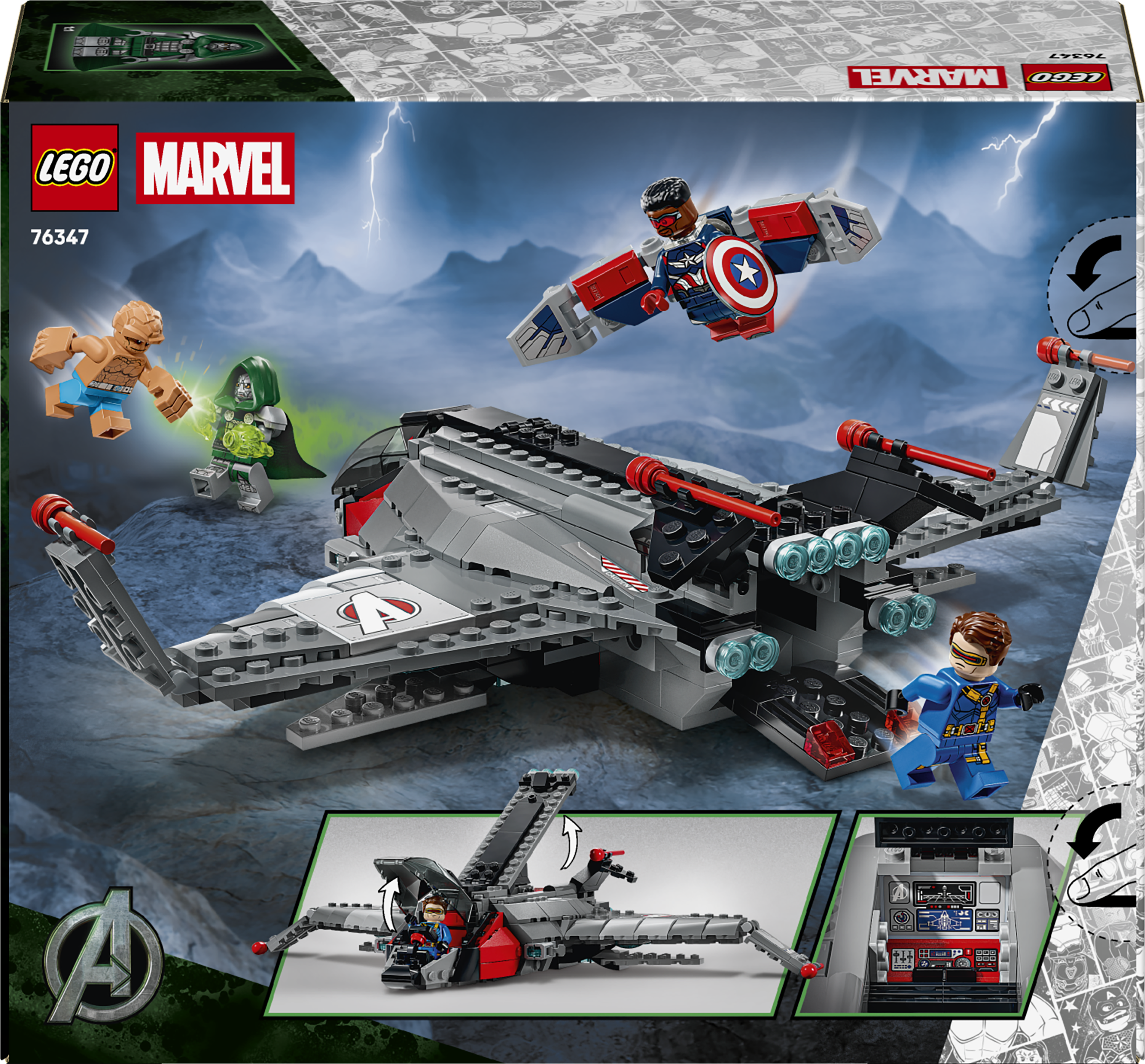 Lego Marvel Set mit Quinjet, Captain America, The Thing, Dr. Doom und Cyclops vor einer Berglandschaft.