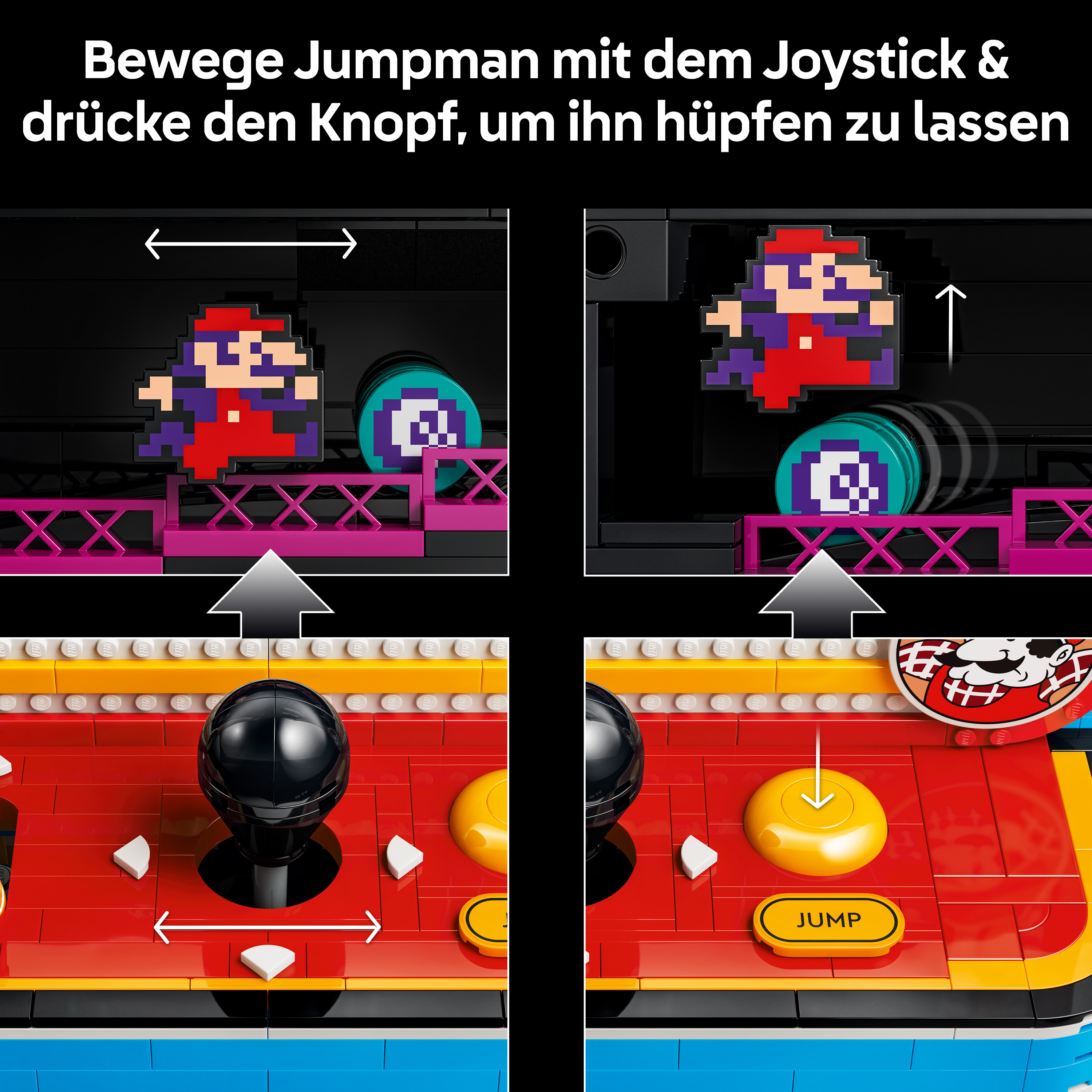 Lego Mario Konsole: Joystick bewegt Mario, Knopf lässt ihn springen.