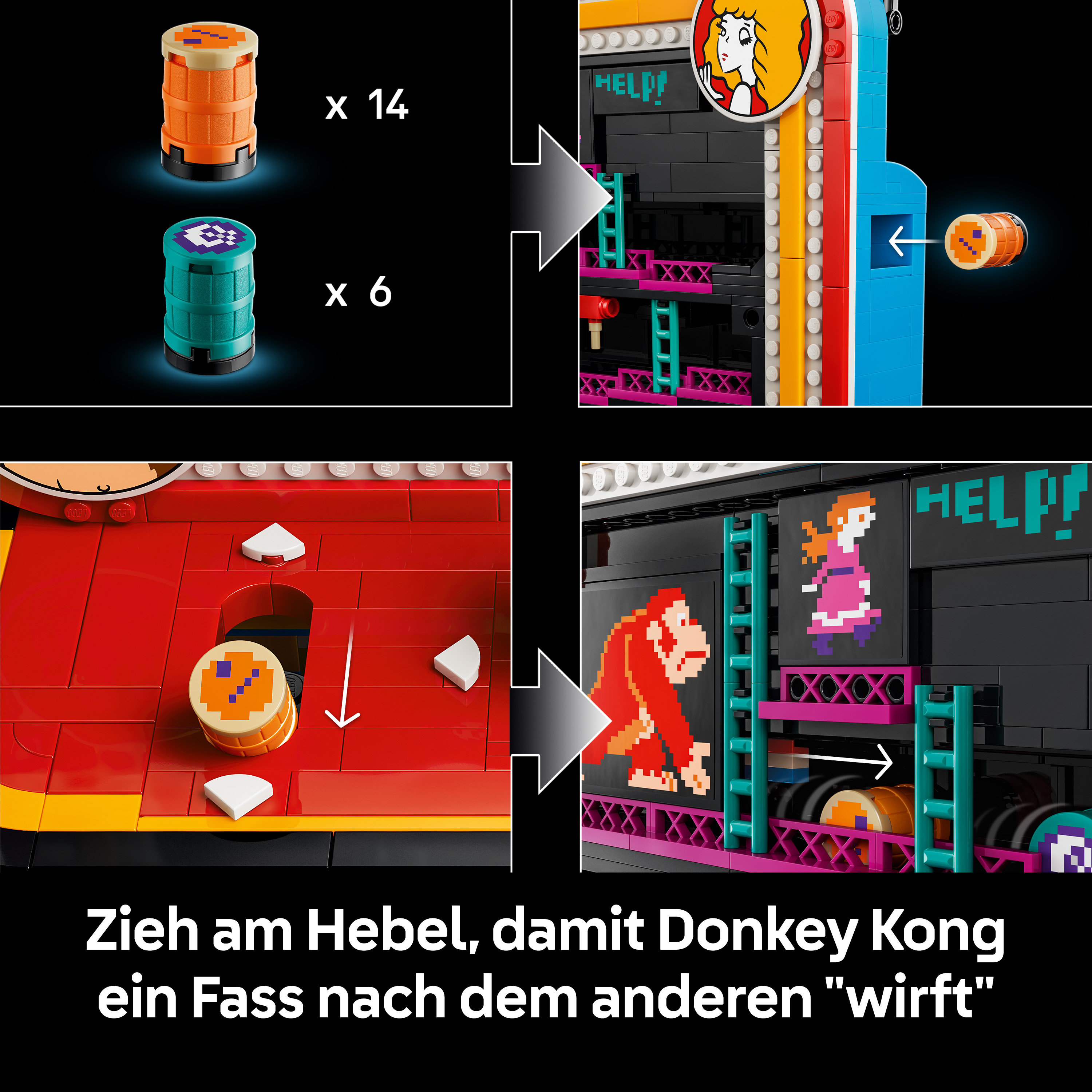 Lego-Anleitung zeigt, wie man mit Fässern und Hebeln Donkey Kong aufbaut, der Fässer wirft.