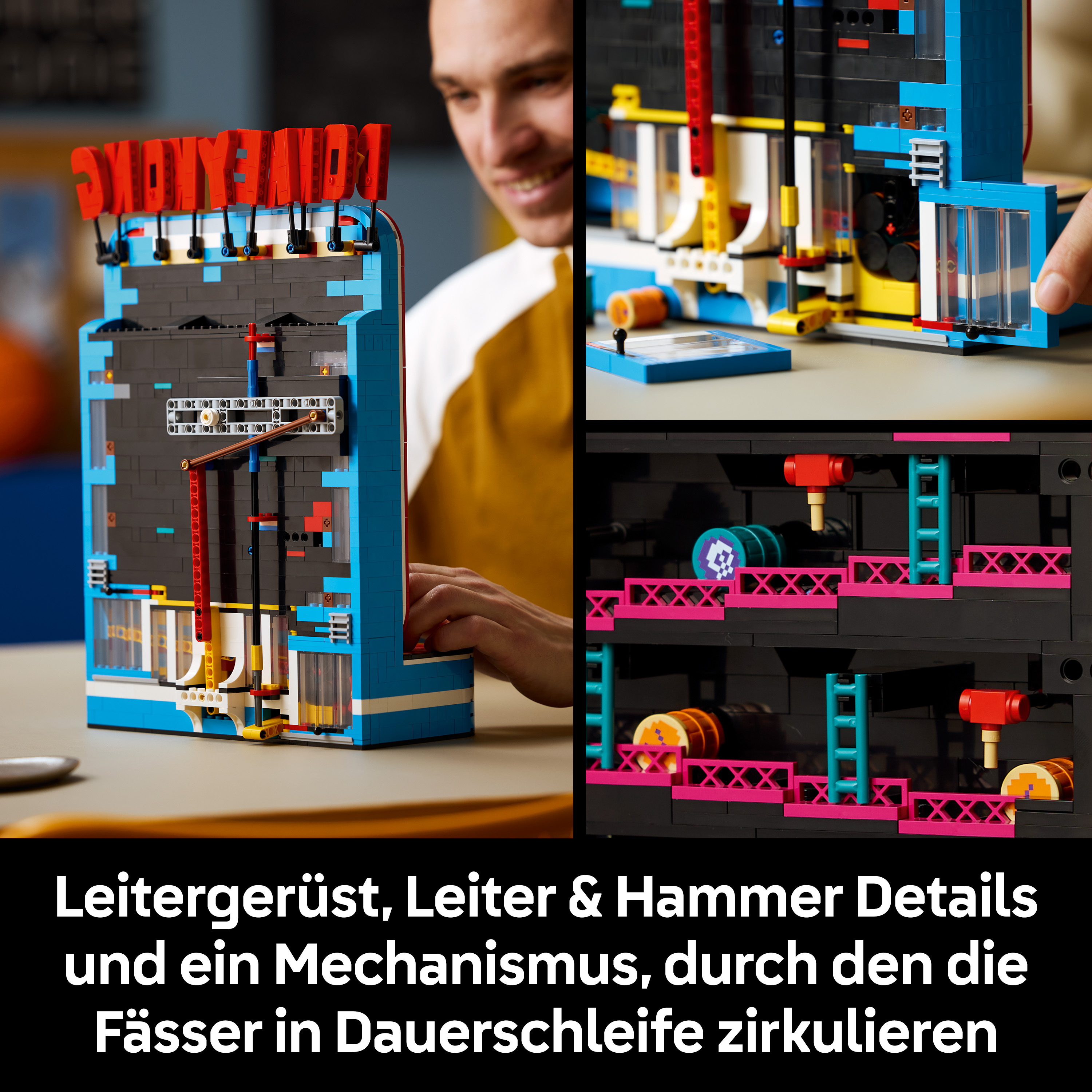 Lego-Arcade-Automat mit Mann, Detailansichten zeigen Mechanismus mit Fässern, Leitern und Hammer.