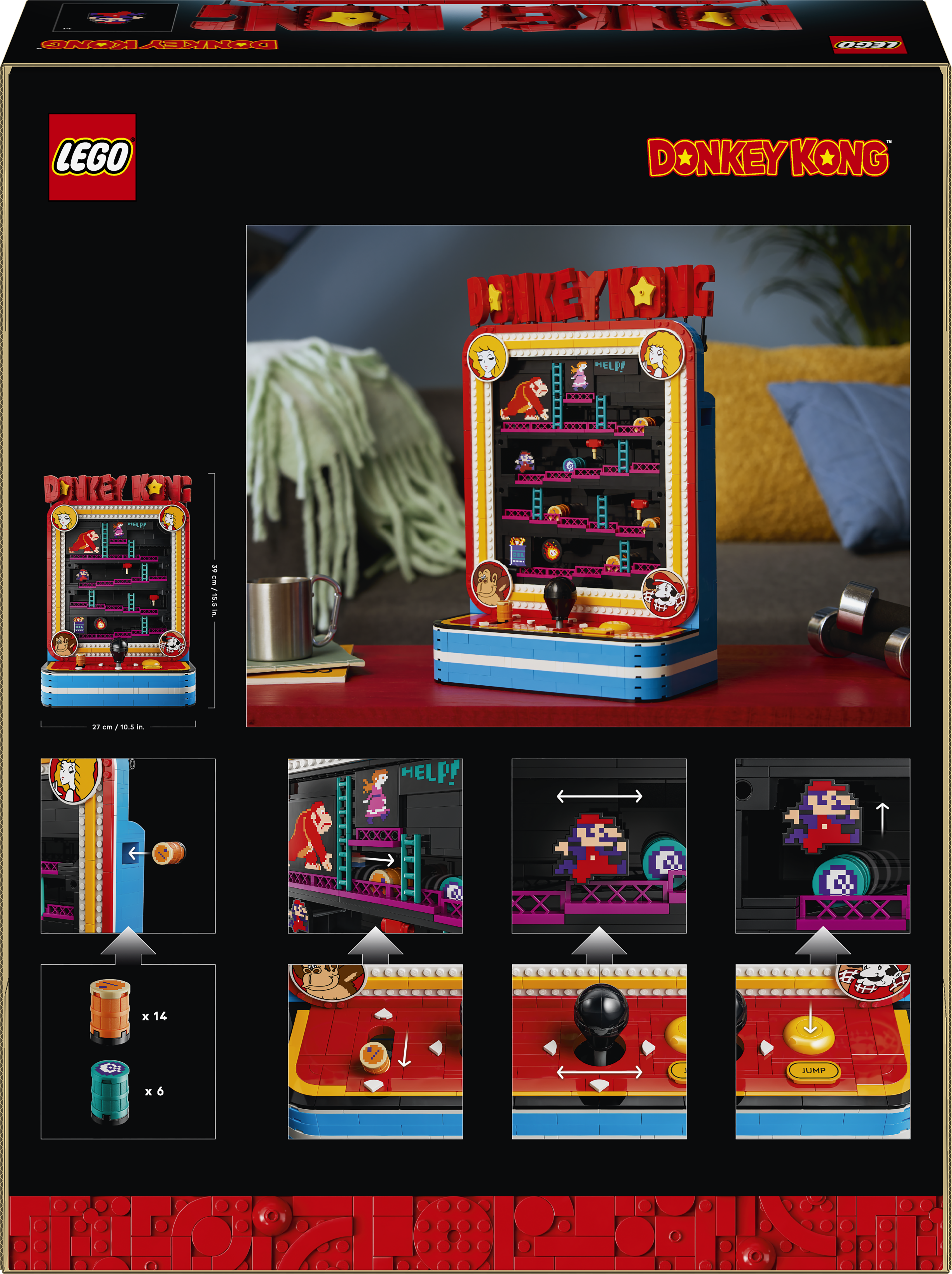 Lego Donkey Kong Arcade-Spielset mit Bausteinen, Spielfiguren und Details zu den Funktionen auf schwarzem Karton.