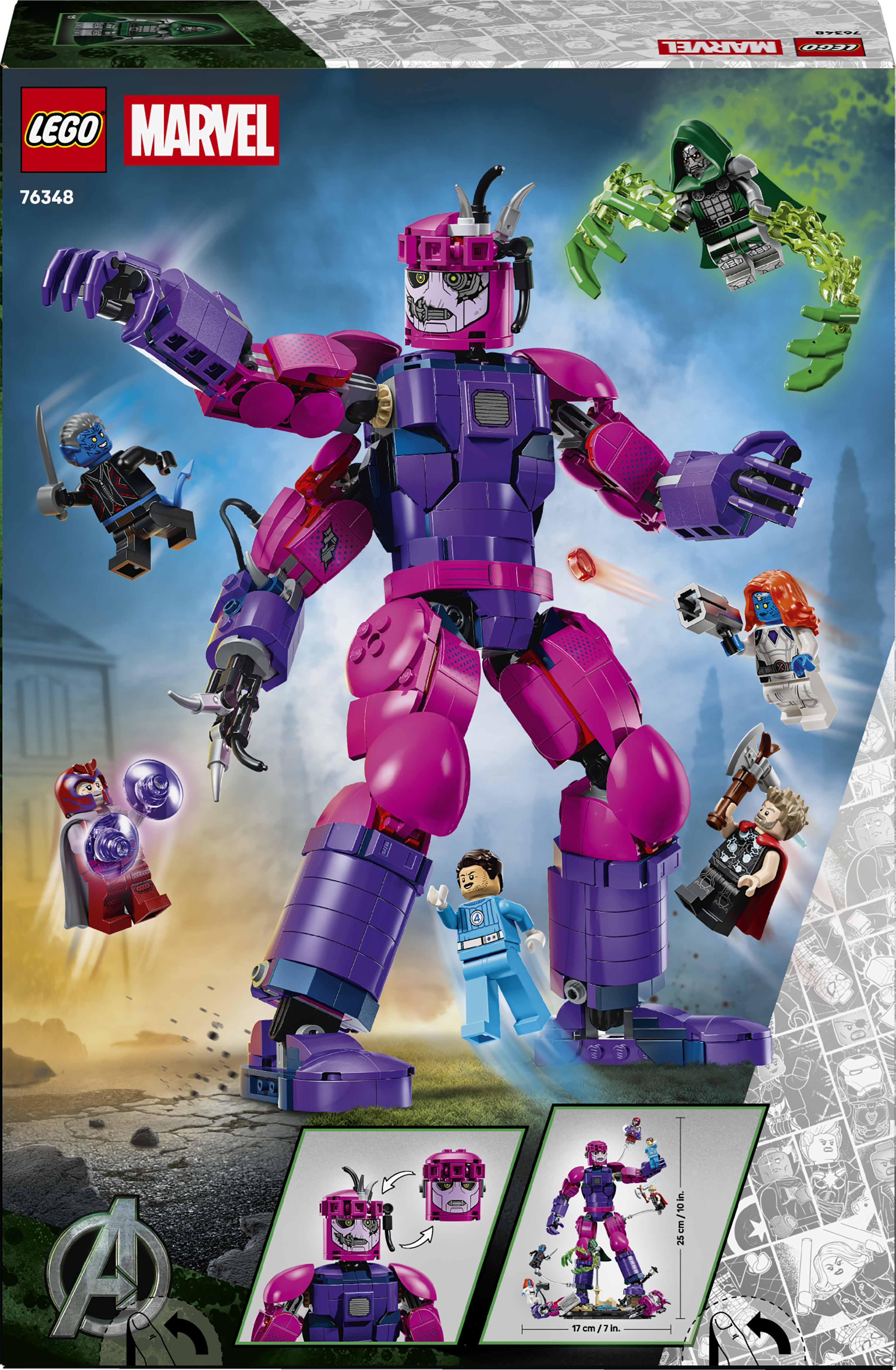 Lego Marvel Set mit pink-violettem Roboter und Minifiguren wie Doctor Doom auf blauem Hintergrund.