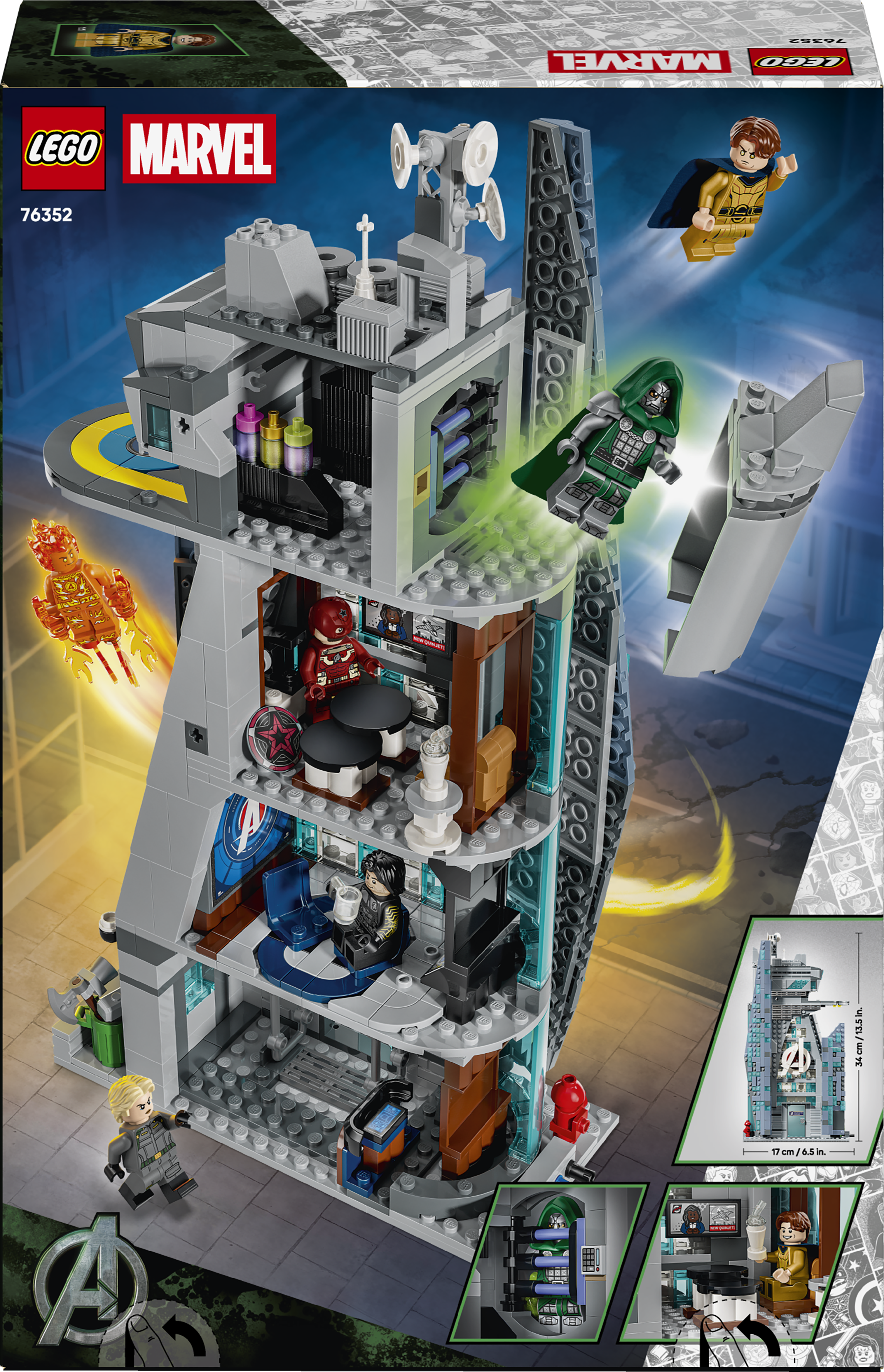 Lego Marvel Avengers Turm Set mit verschiedenen Figuren und abnehmbaren Wandelementen.