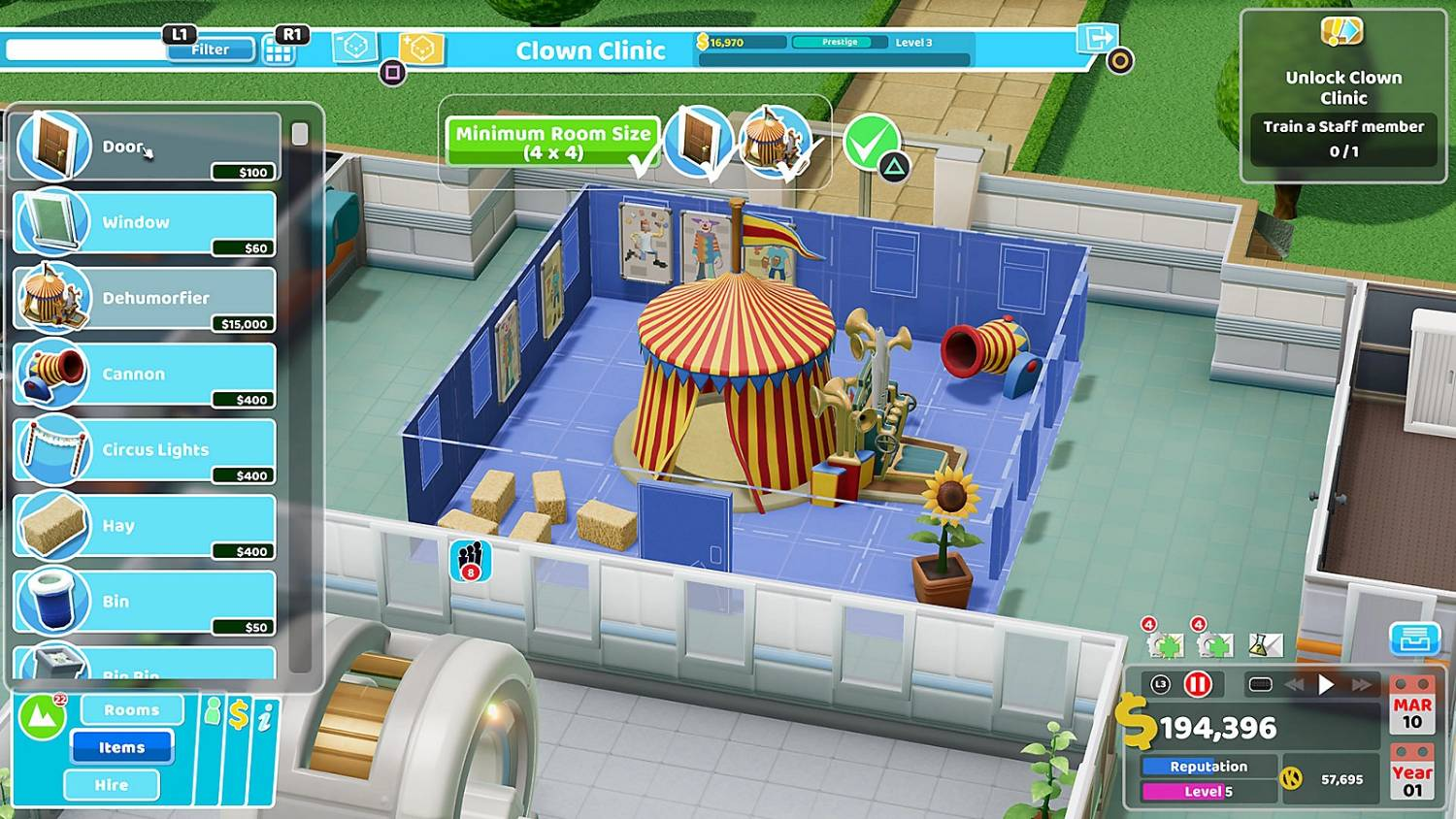 Una pantalla de juego de simulación muestra una colorida habitación de circo con carpa, accesorios y menús.