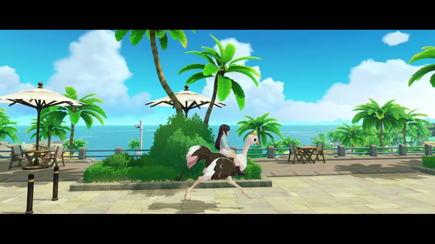 Una chica de anime monta un avestruz grande por un paseo marítimo soleado con palmeras.
