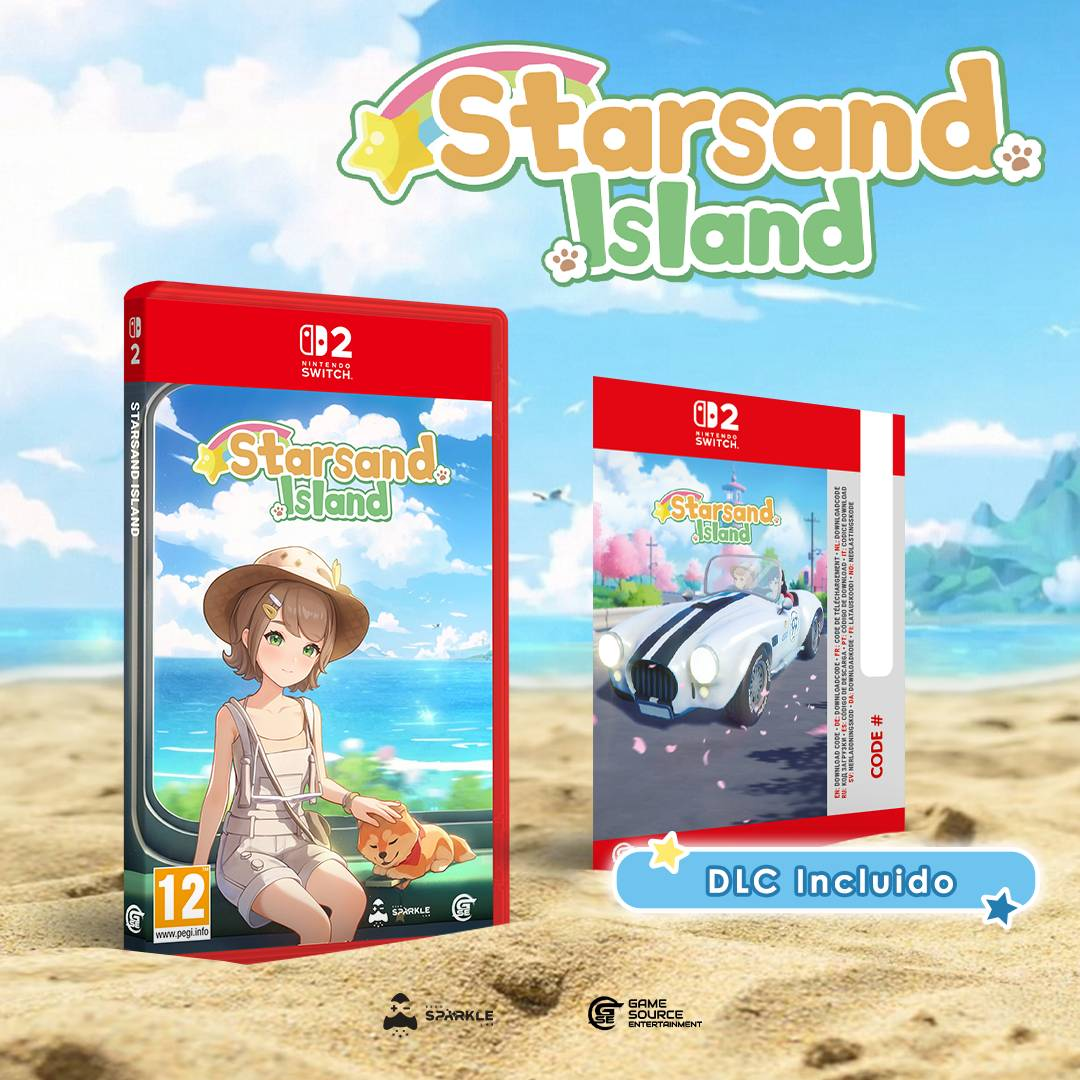 Caratula de Nintendo Switch para Starsand Island con una niña y un perro en la playa, con título y logotipo.