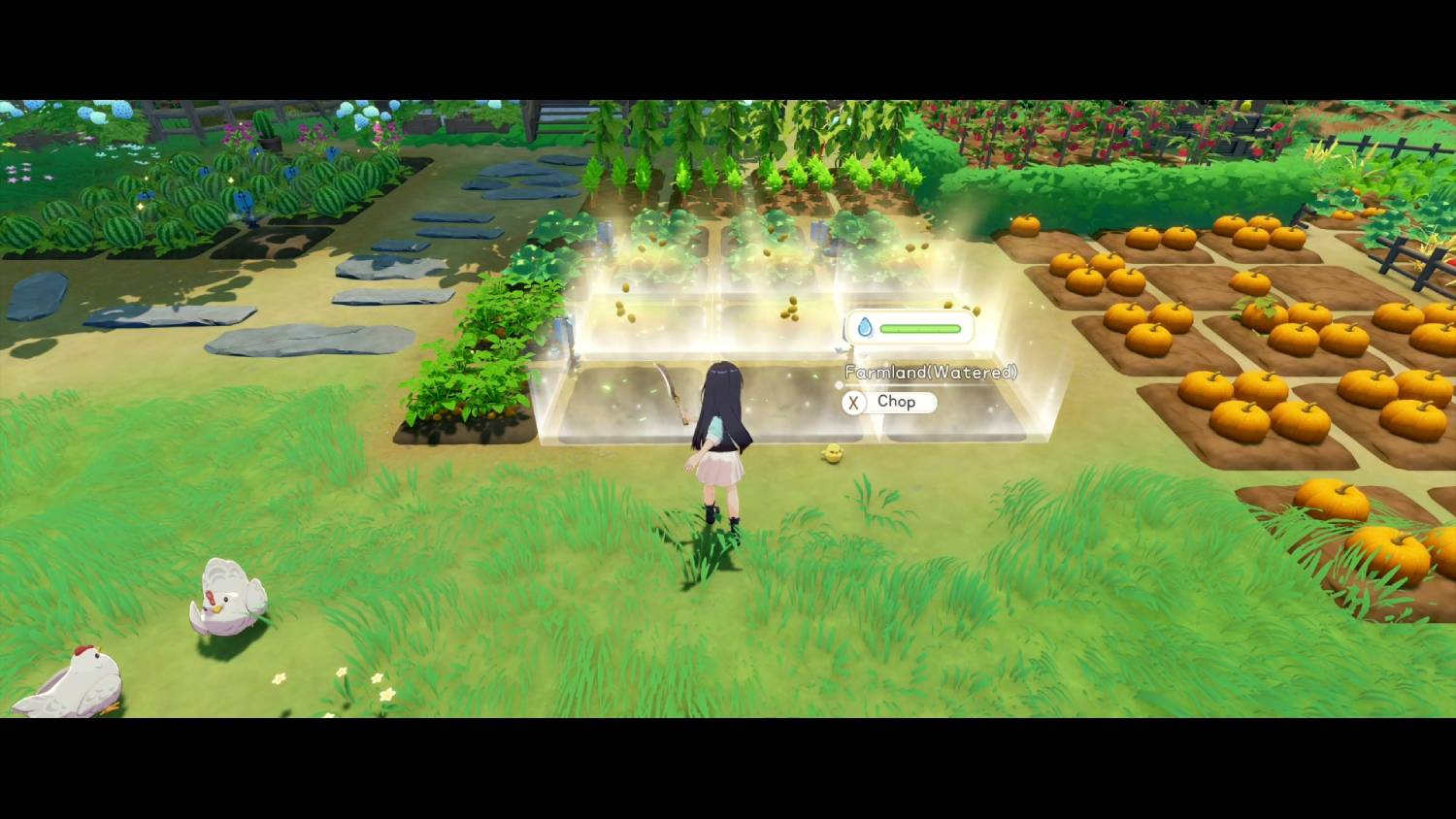 Un personaje de anime en un jardín virtual con verduras y calabazas.