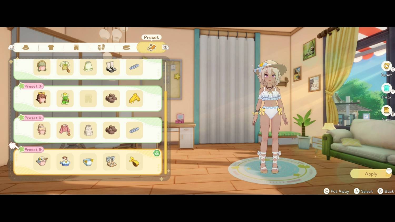 Pantalla de personalización de videojuegos con un personaje de anime en una habitación y un menú a la izquierda.