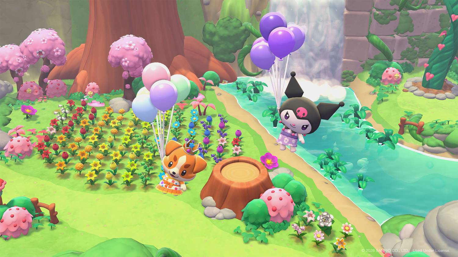 Un corgi y Kuromi sostienen globos en un jardín colorido con flores, árboles y un arroyo.
