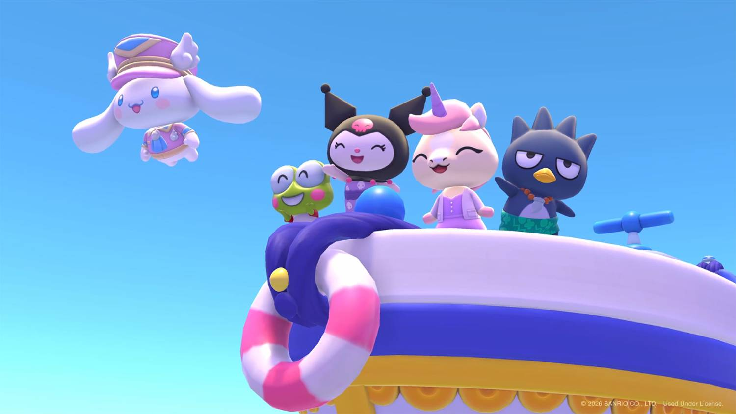 Personajes de Sanrio sonríen en un bote mientras otro flota en el cielo azul.