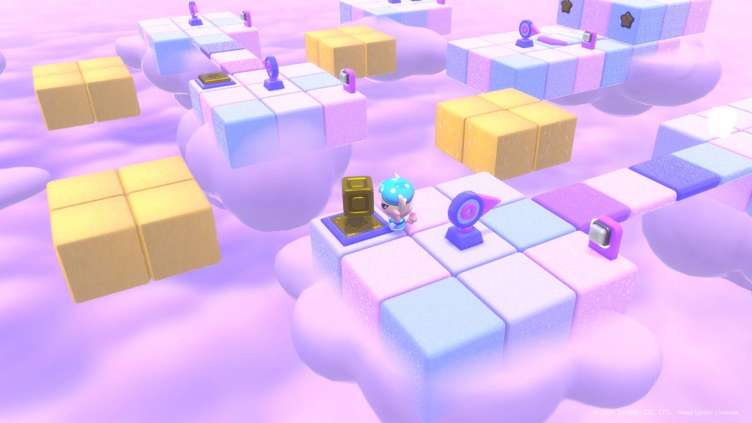 Un pequeño personaje azul sobre bloques pastel en un mundo de nubes rosas.
