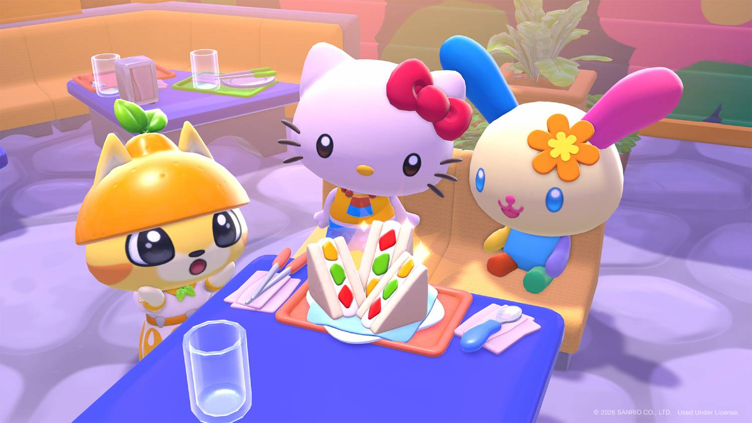 Tres lindos personajes de dibujos animados se sientan en una mesa, mirando felizmente sándwiches.