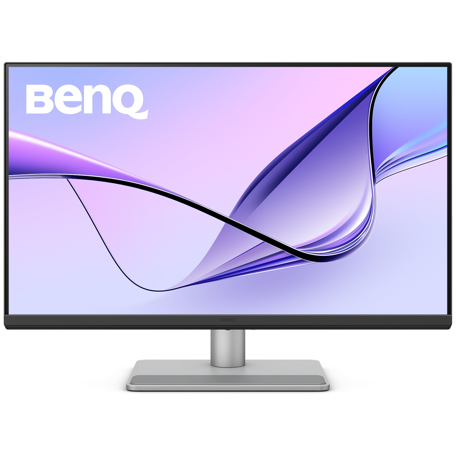 Un moniteur BenQ à écran plat affiche un fond violet abstrait, reposant sur un socle argenté.