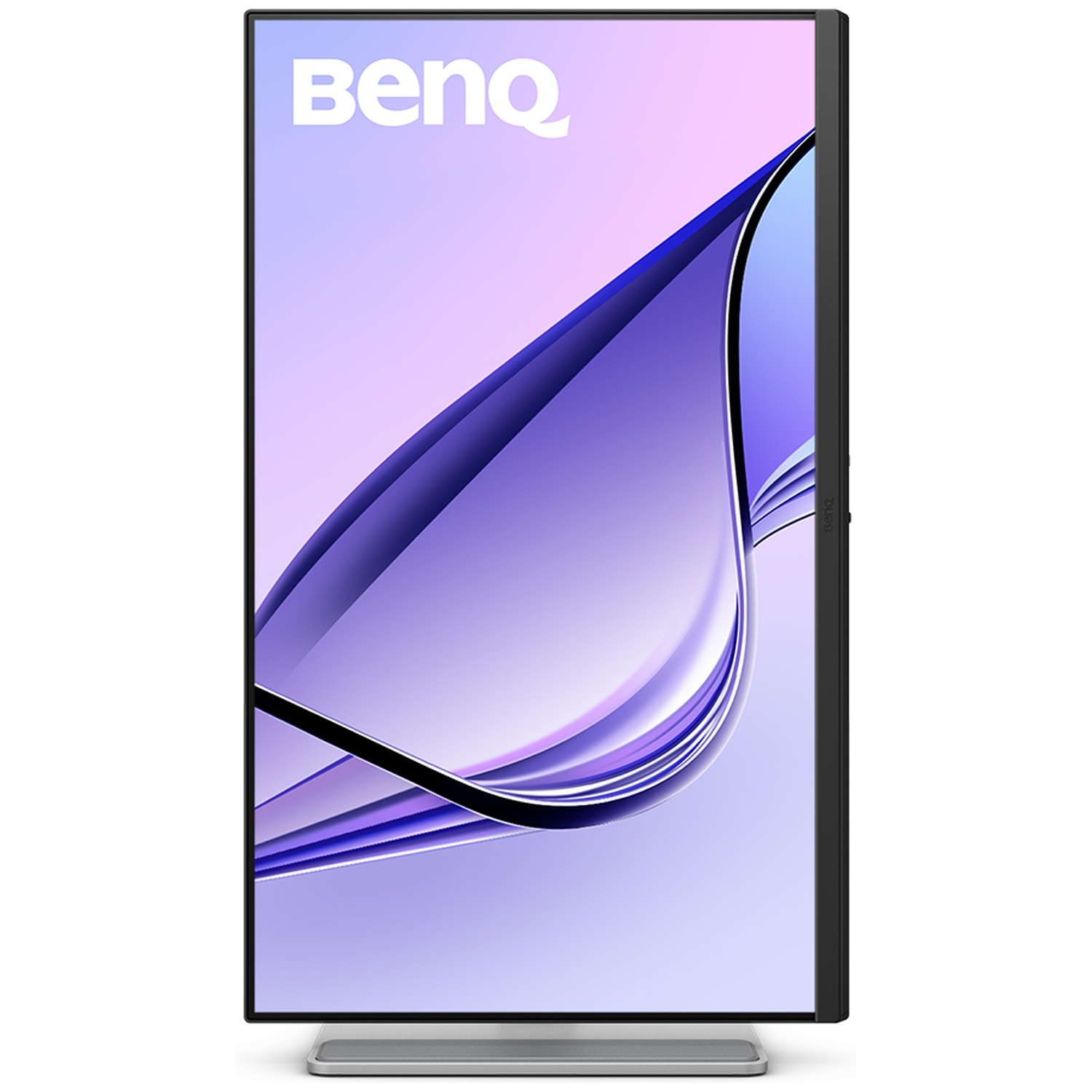 Un moniteur BenQ noir orienté verticalement affiche un fond abstrait violet sur l'écran.
