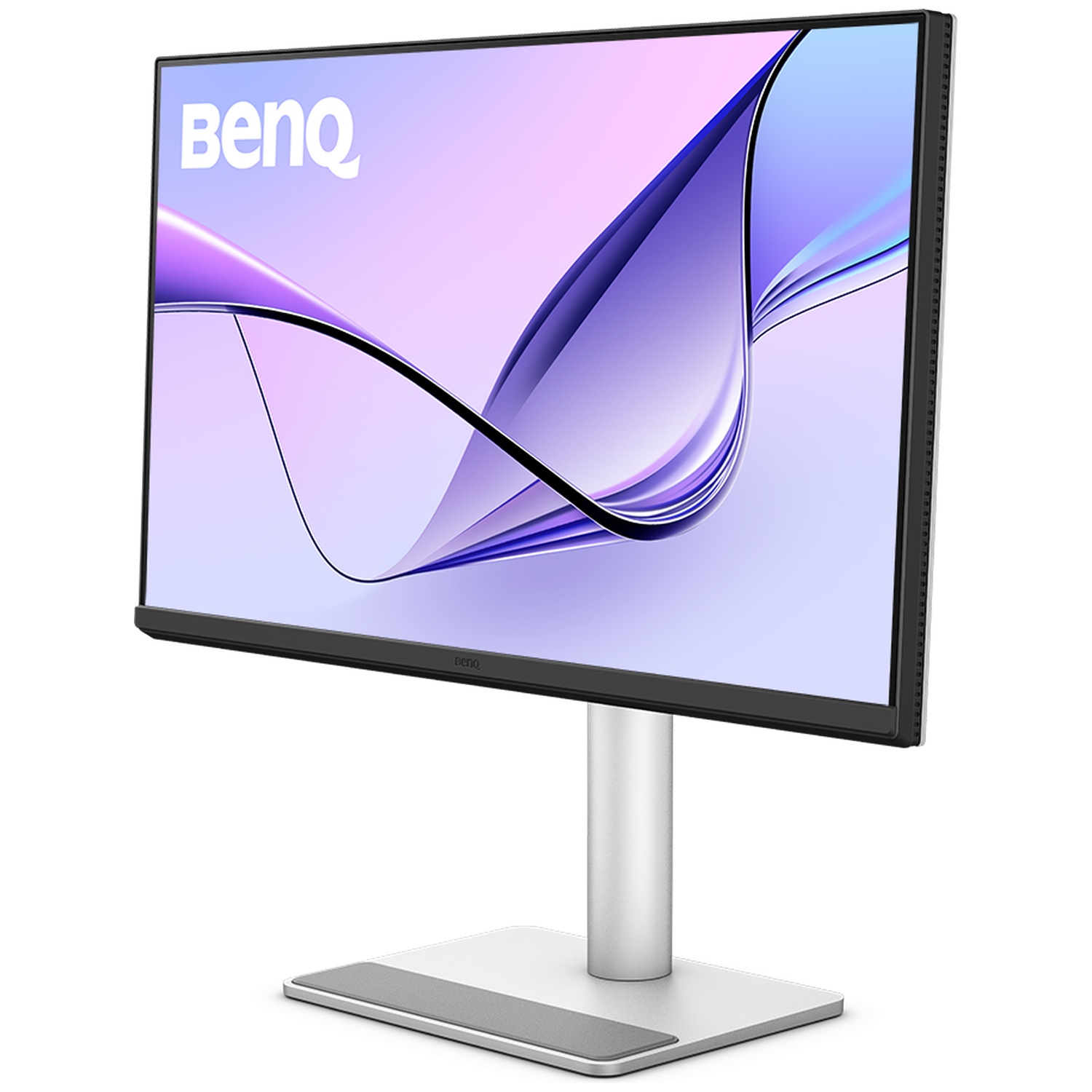 Un moniteur BenQ noir avec un fond abstrait lumineux sur un pied argenté.