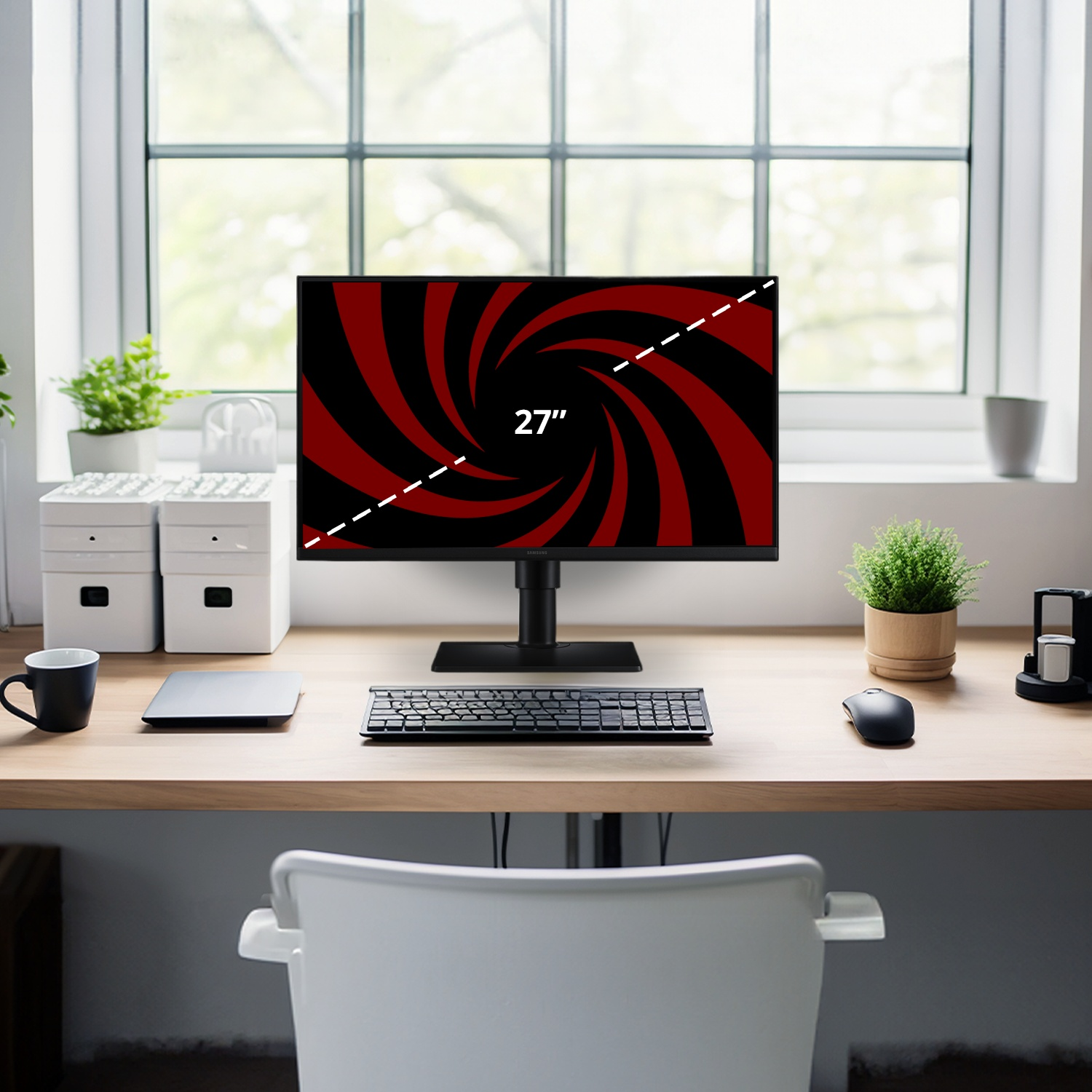 Un bureau avec un moniteur de 27 pouces, un clavier, une souris et une plante en pot devant une grande fenêtre.