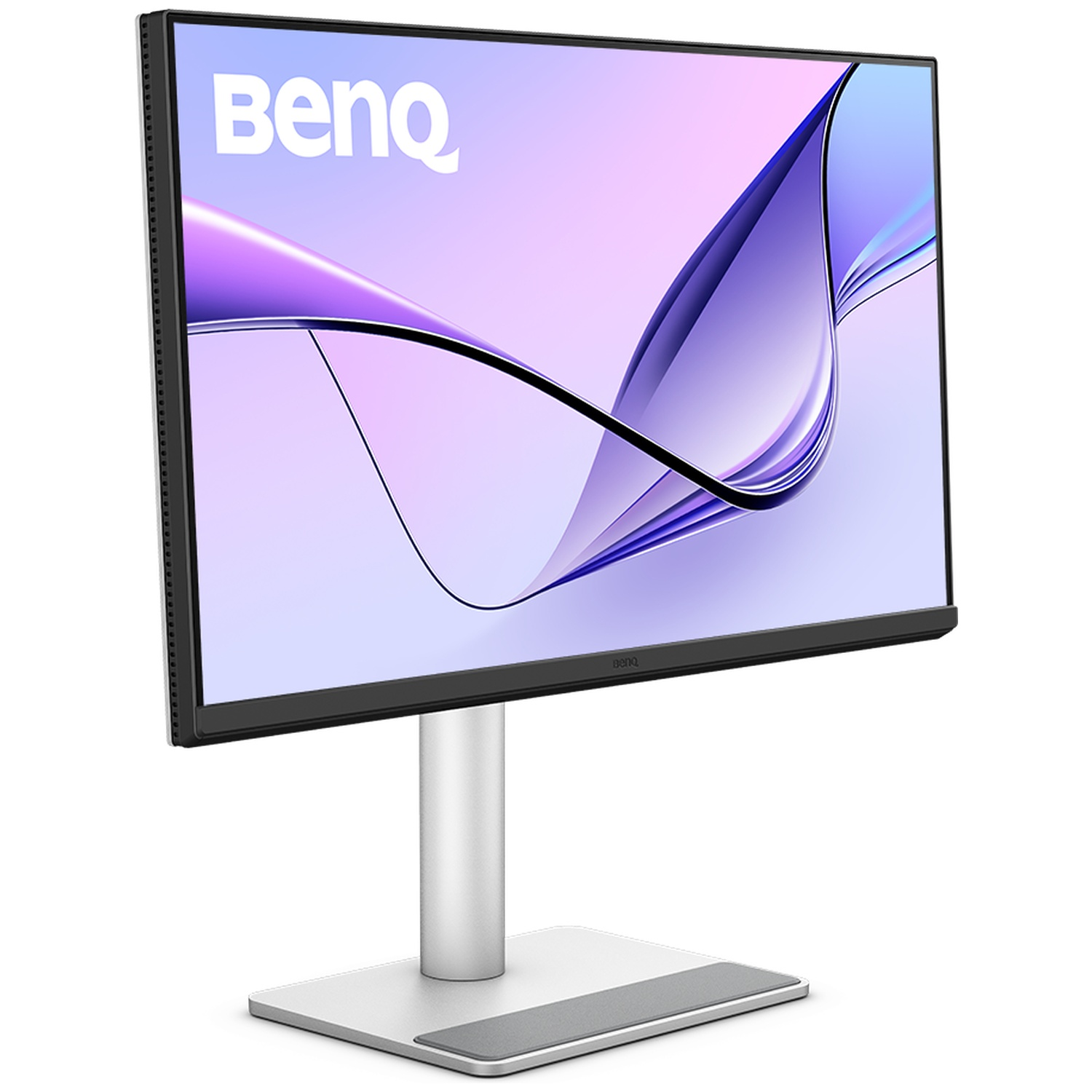 Un moniteur BenQ noir avec un fond abstrait à l'écran et un pied argenté.