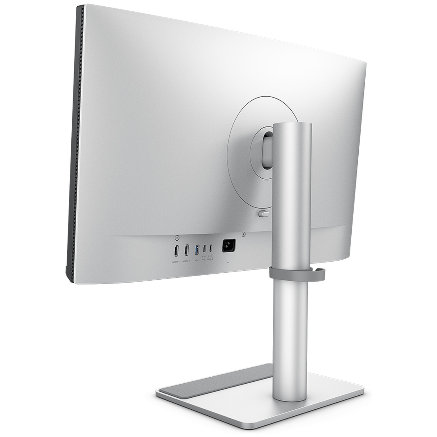 Vue arrière d'un moniteur d'ordinateur argenté sur un support moderne.