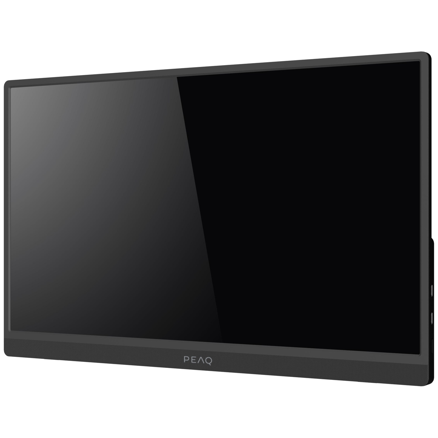 Moniteur portable noir avec des bordures fines et le logo PEAQ sur fond blanc.