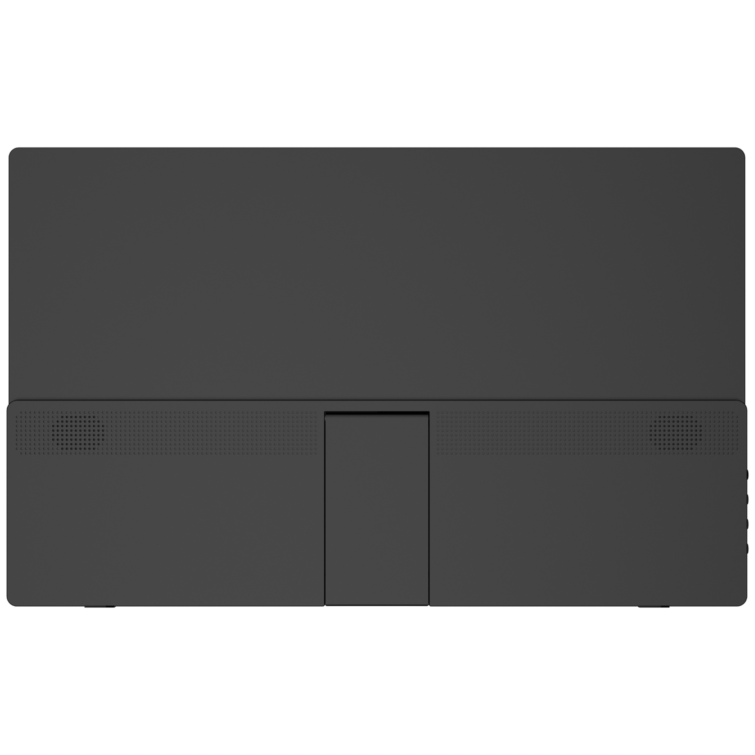 Un appareil rectangulaire noir avec des haut-parleurs et un volet central sur fond blanc.