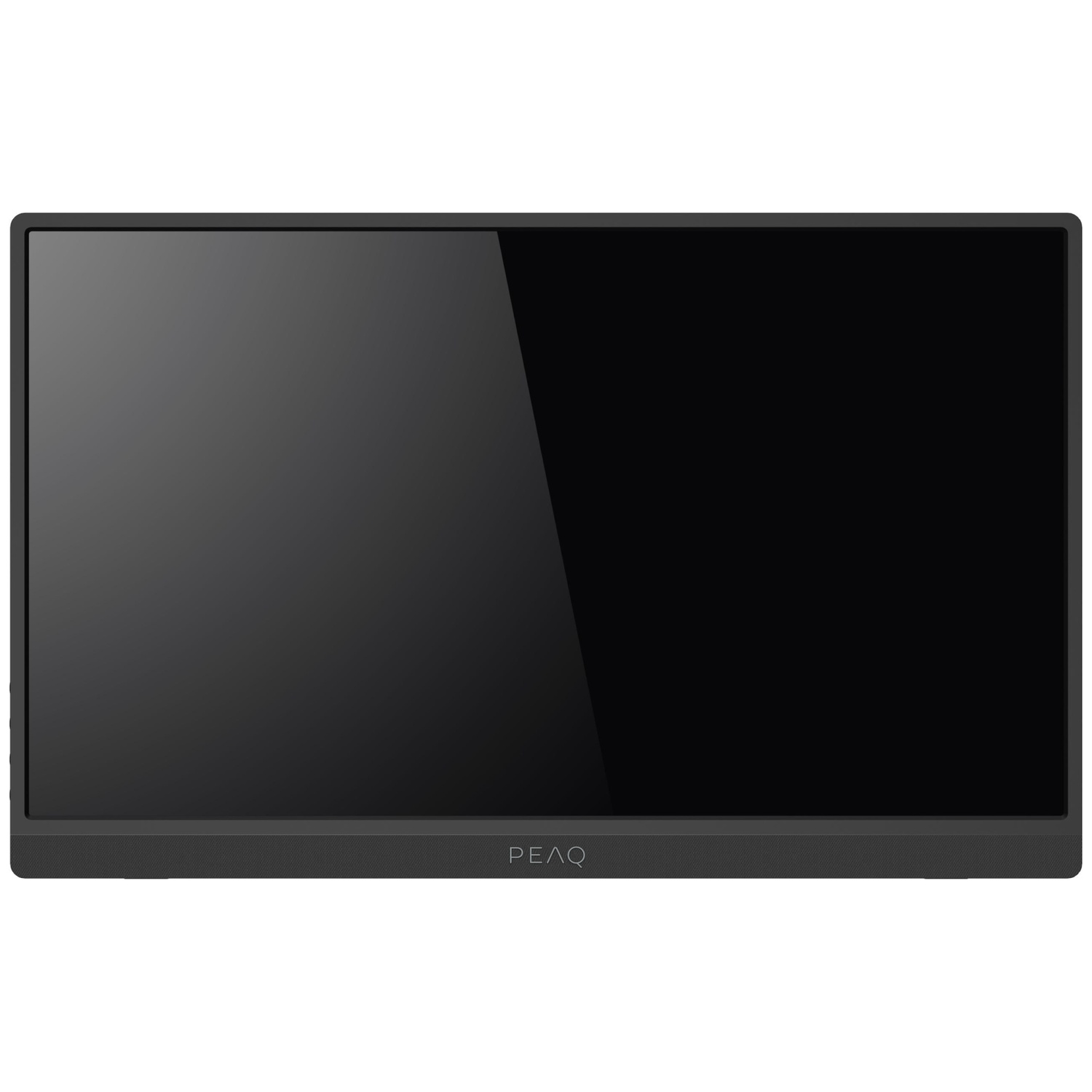 Un écran plat noir avec une bordure fine et le logo PEAQ en bas sur un fond blanc.