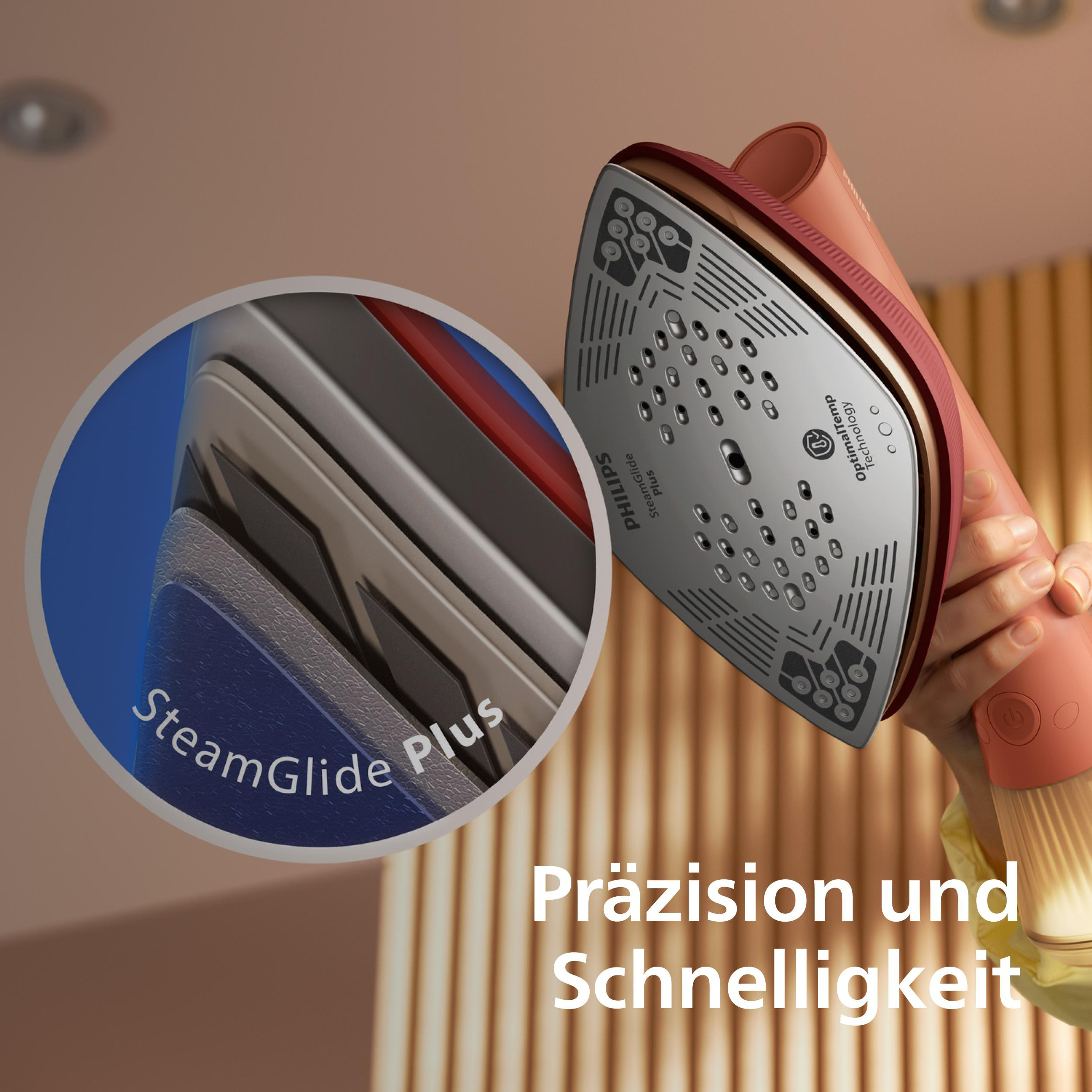 Ein Philips Dampfbügeleisen wird gehalten, mit Nahaufnahme der Dampfdüse und Text: Präzision und Schnelligkeit.