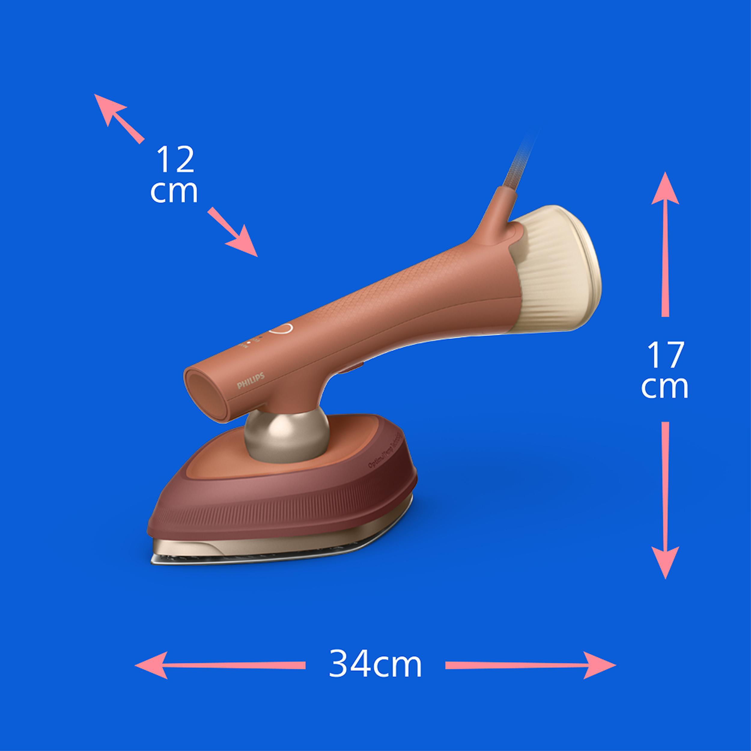 Rosa Philips Dampfbügeleisen mit Maßangaben von 12 cm, 17 cm und 34 cm auf blauem Hintergrund.