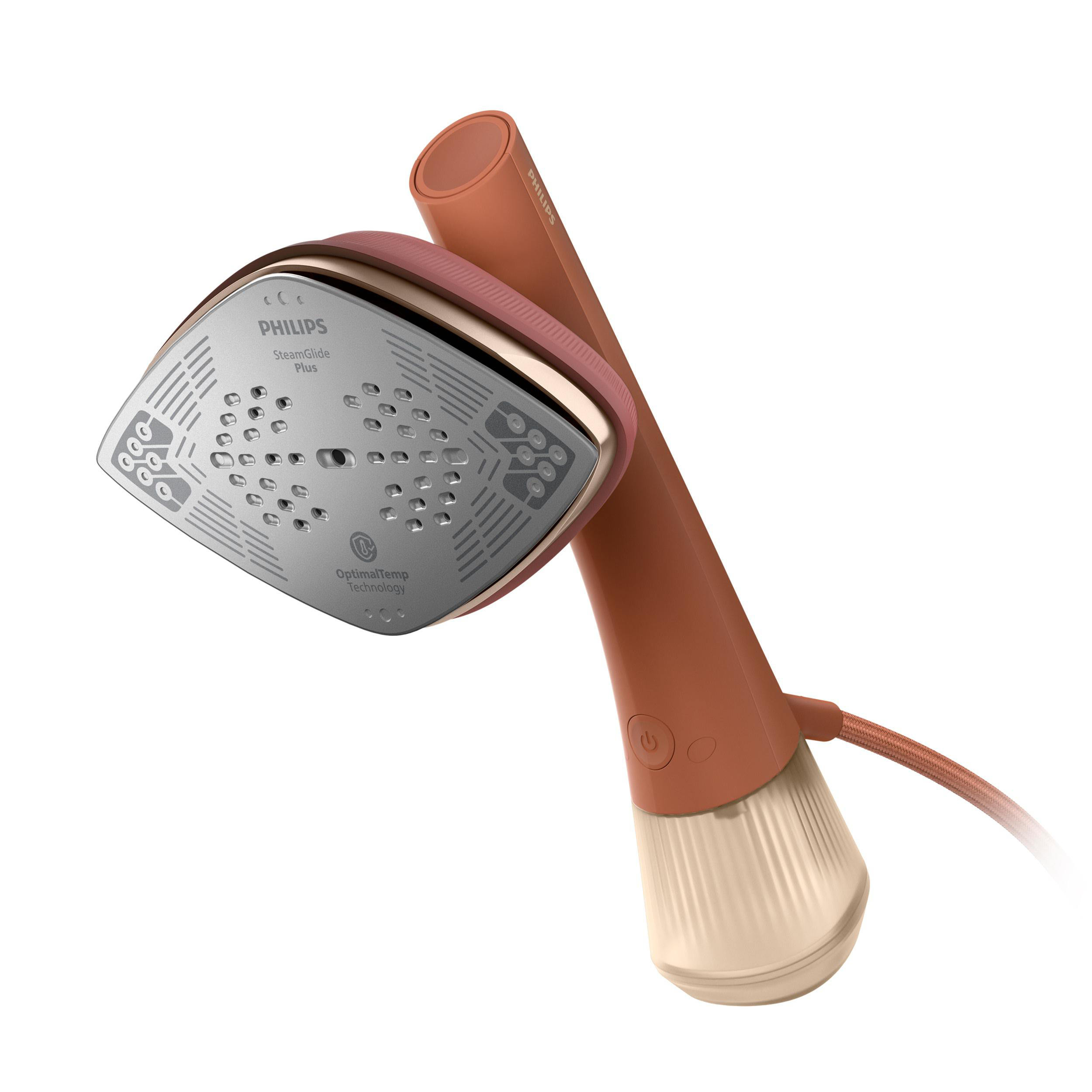 Rostfarbener Philips Handkleiderdampfgarer mit Dampfplatte, Wassertank und Stromkabel.
