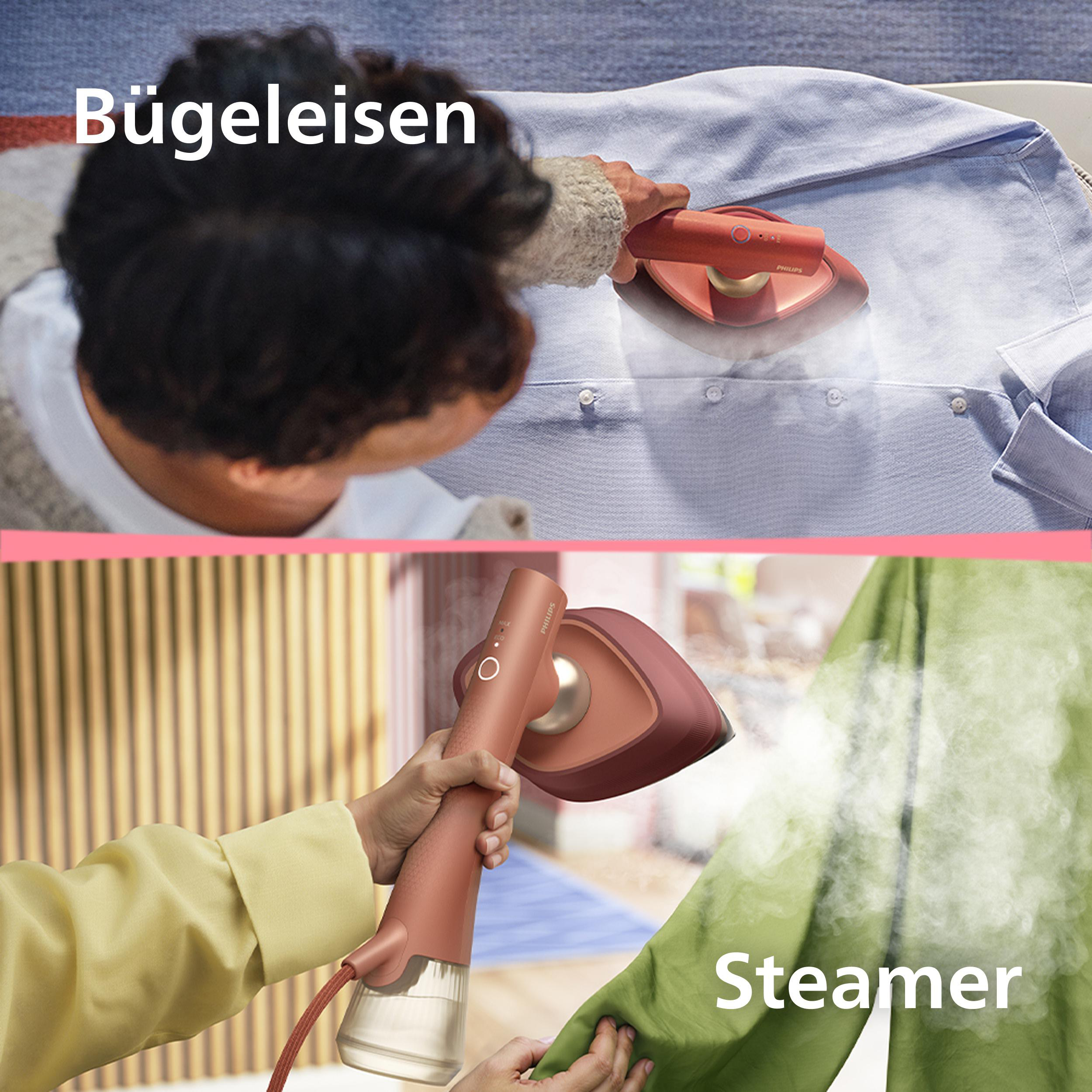 Eine Person bügelt ein blaues Hemd mit einem roten Dampfbügeleisen und dampft ein grünes Kleidungsstück ab.