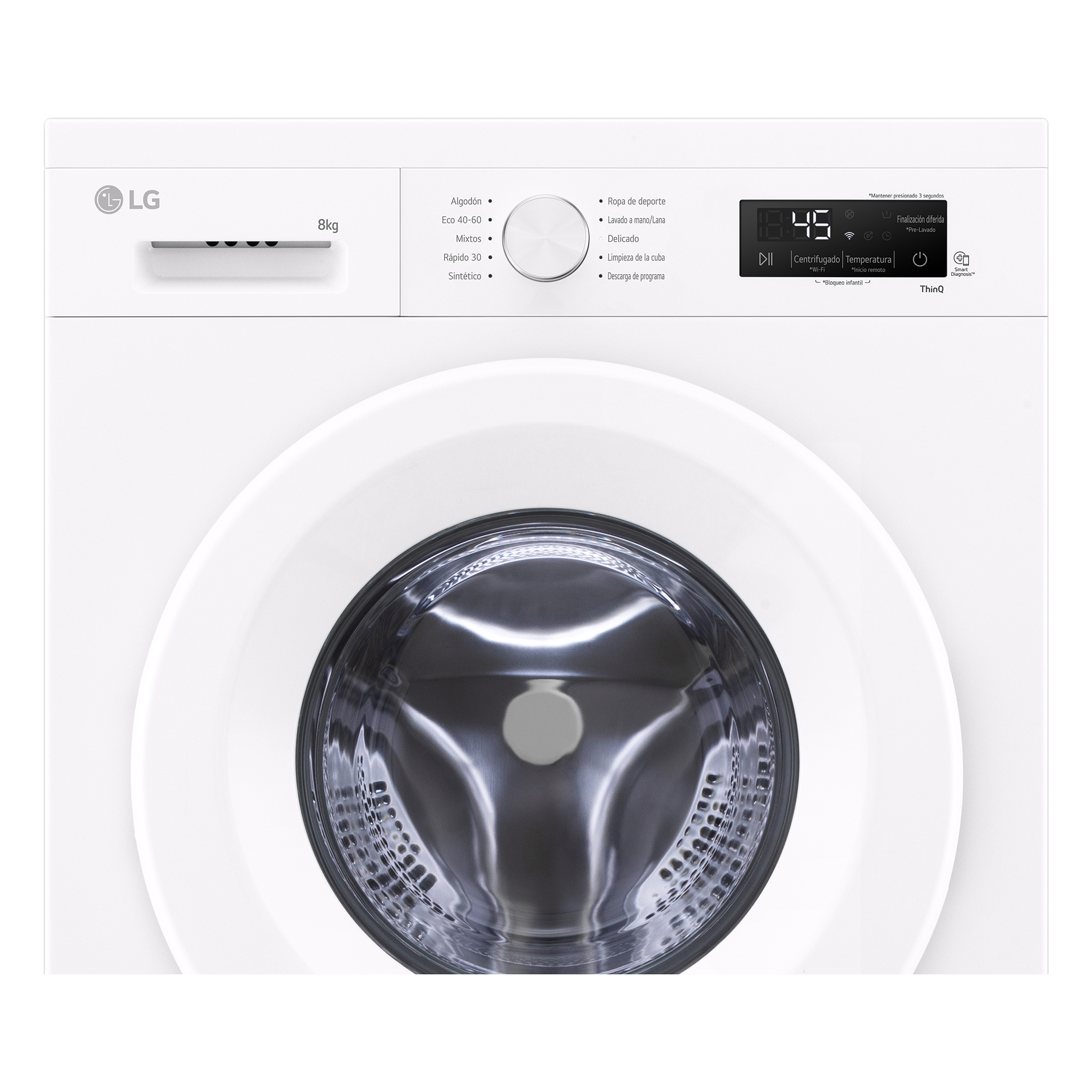 Una lavadora LG blanca con pantalla digital y puerta de cristal redonda.