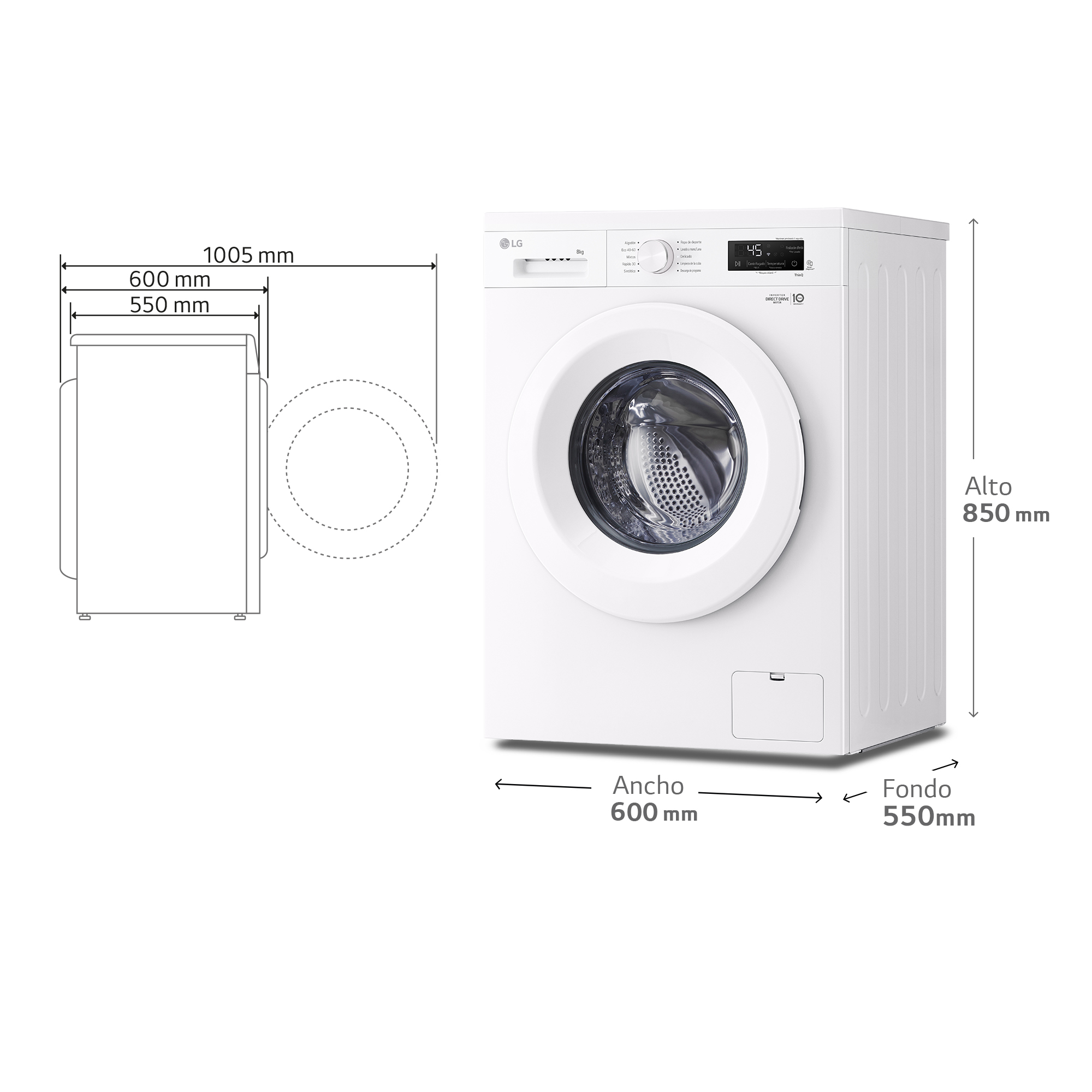 Dibujo técnico con medidas de dimensión de una lavadora LG blanca.