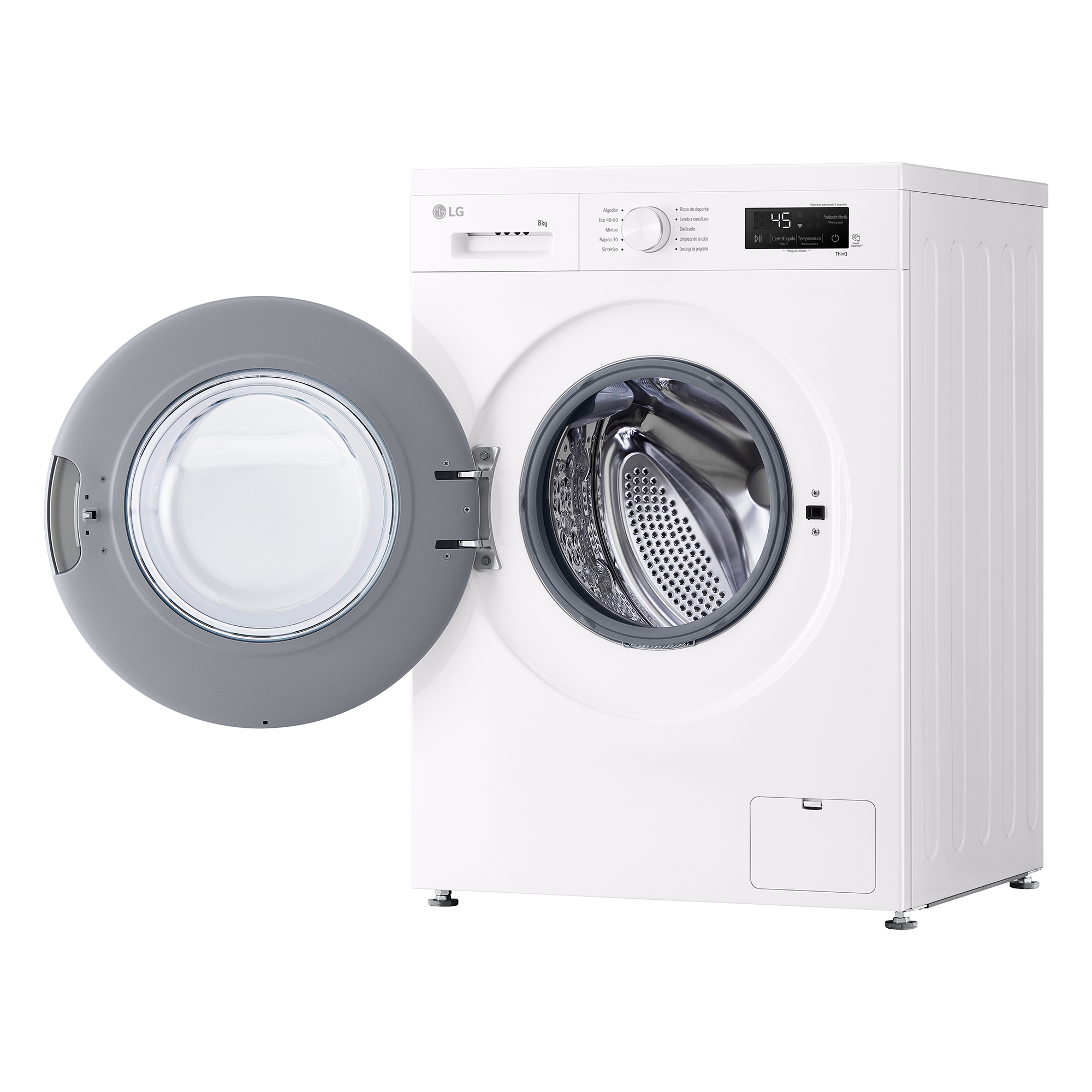 Una lavadora blanca de carga frontal con puerta gris abierta y tambor de acero inoxidable.