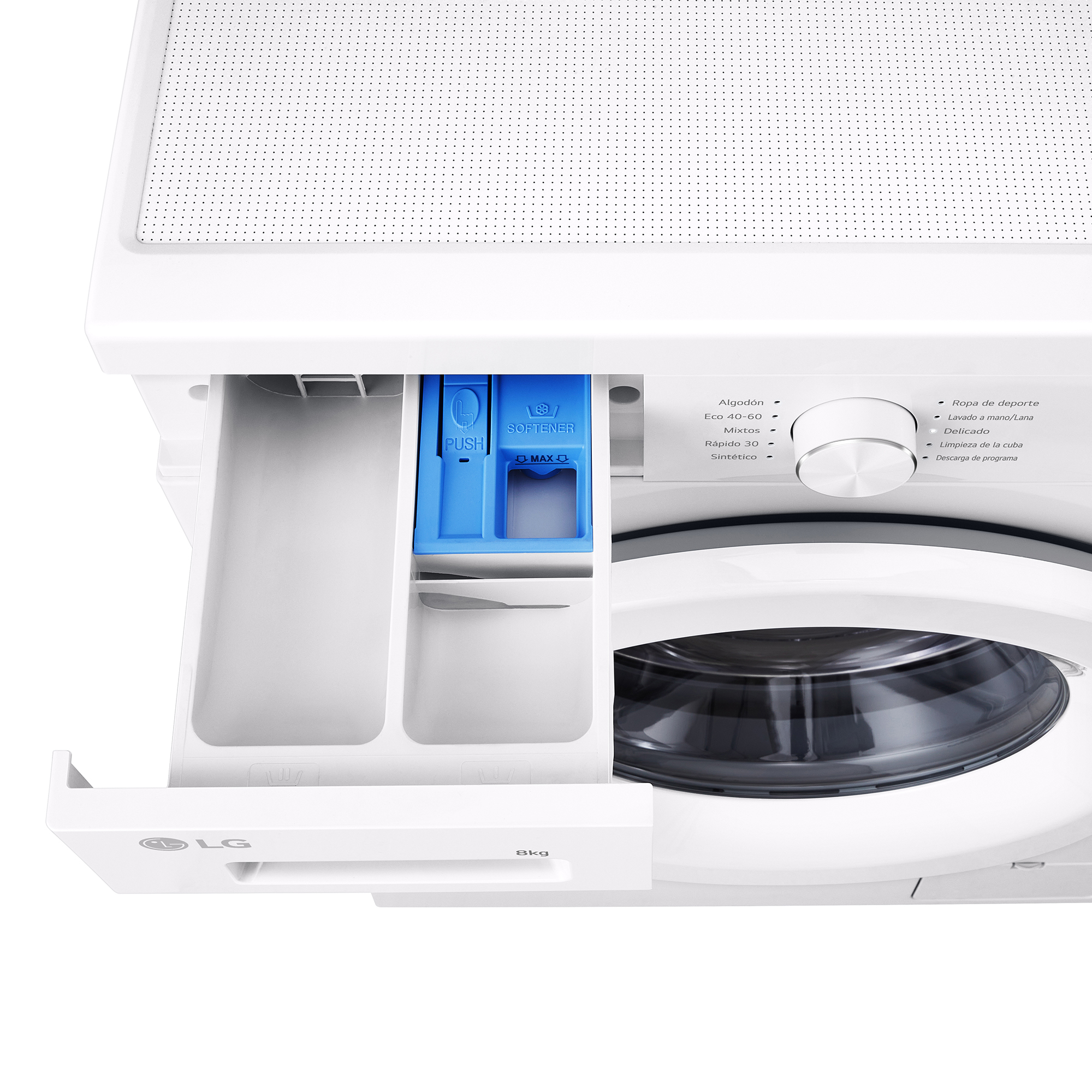 Primer plano de una lavadora blanca con el cajón de detergente abierto, mostrando compartimentos.