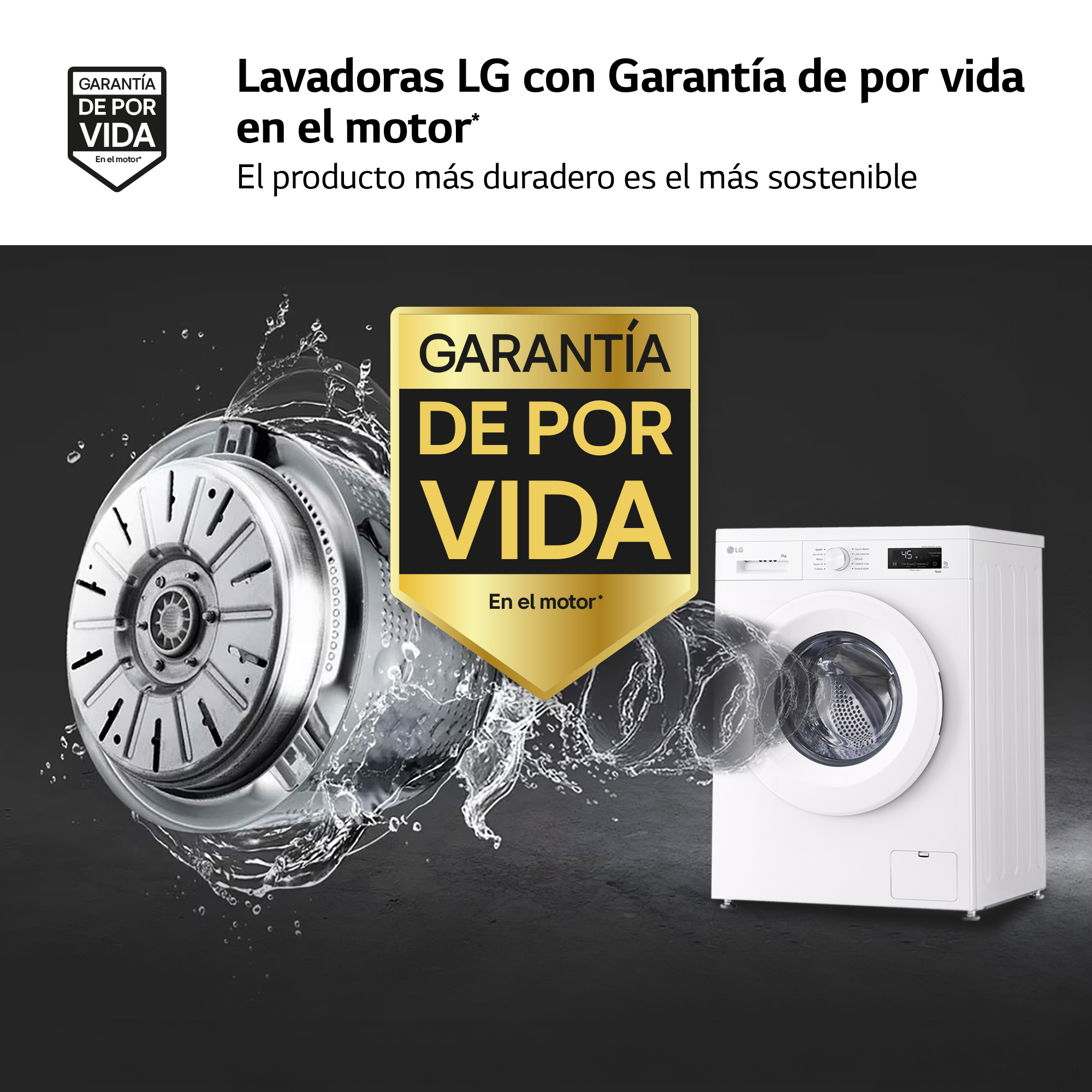 Lavadora LG con garantía de por vida en el motor, mostrando el tambor interno y salpicaduras de agua.