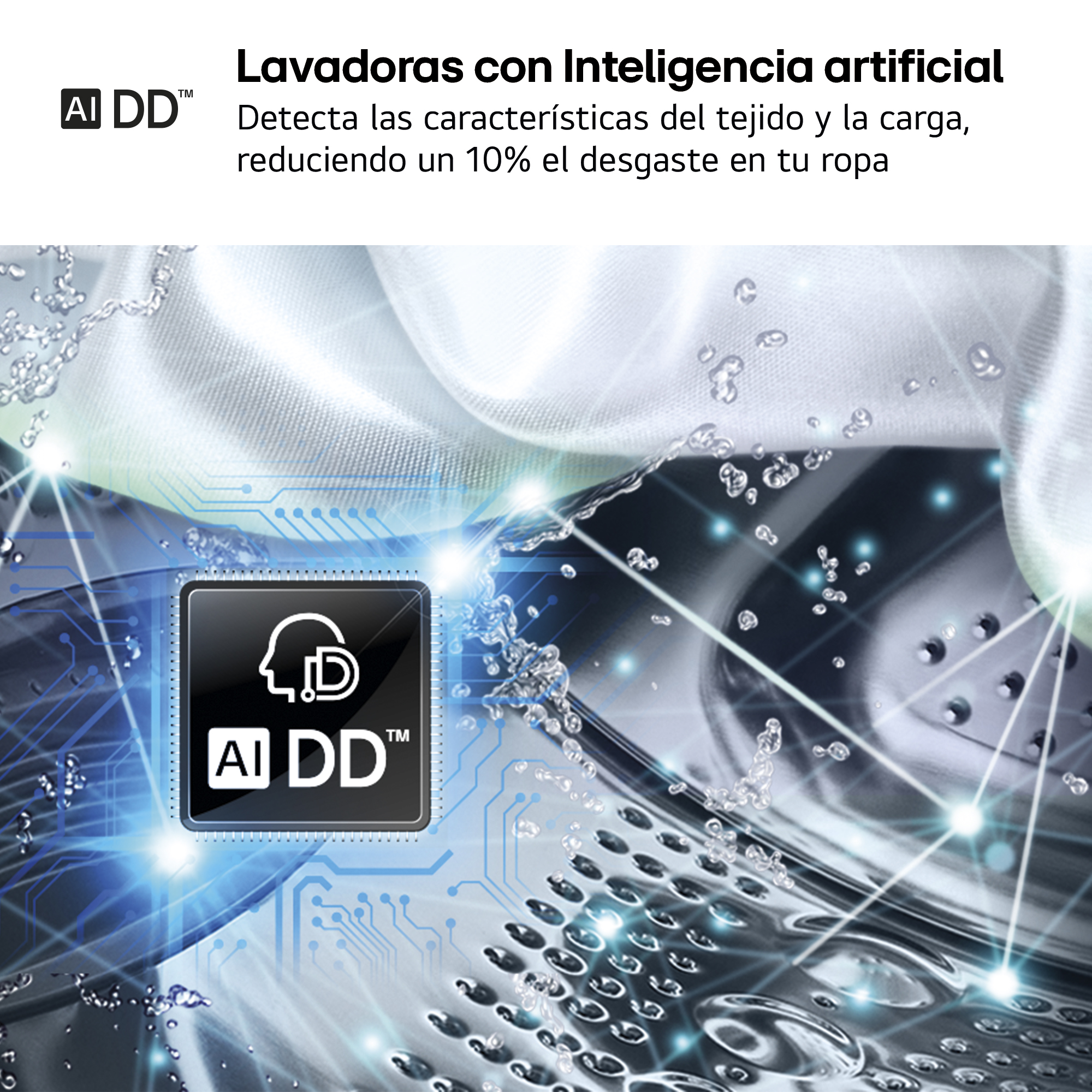 Tambor de lavadora con agua, tejido y un icono de chip AI DD con circuitos brillantes.