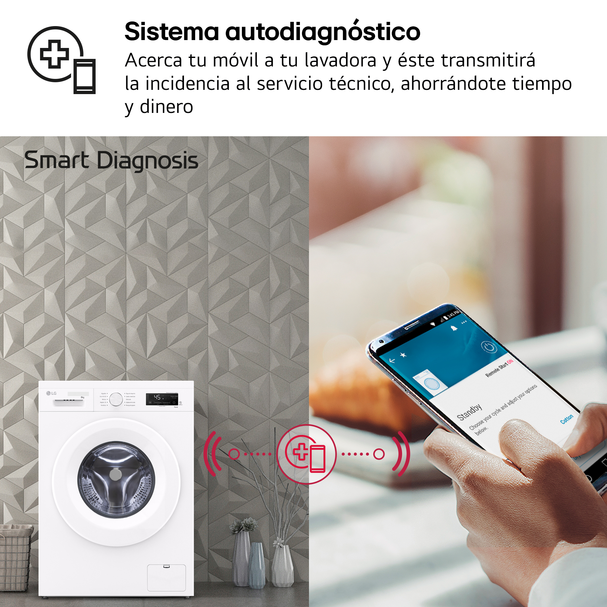 Smartphone conectándose a una lavadora LG para diagnóstico inteligente y solución de problemas.