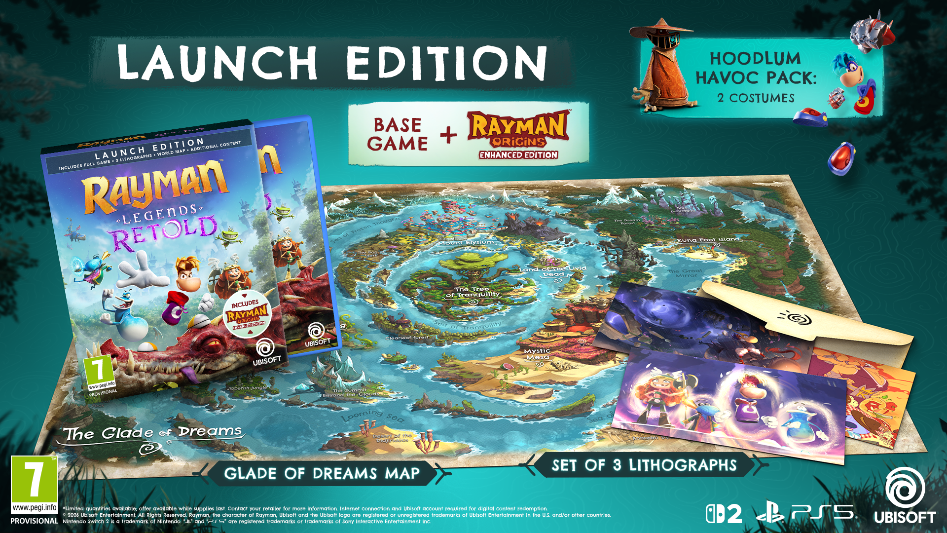 A Rayman Legends Retold Launch Edition tartalmazza a játékot, térképet, litográfiákat és jelmezeket.