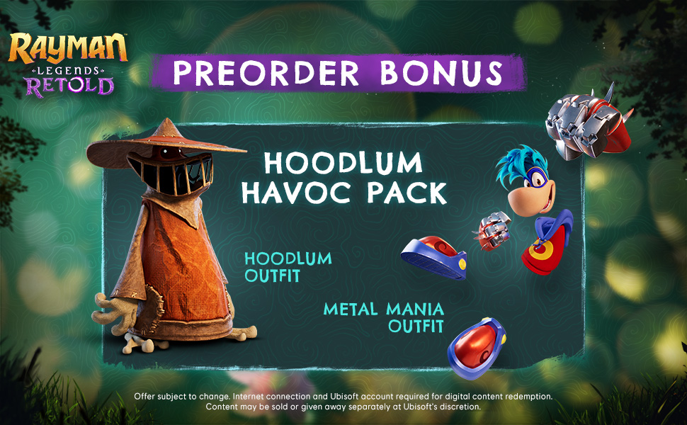 Rayman Legends Retold előrendelési bónusz: Hoodlum Havoc csomag öltözékekkel és felszereléssel zöld háttérrel.