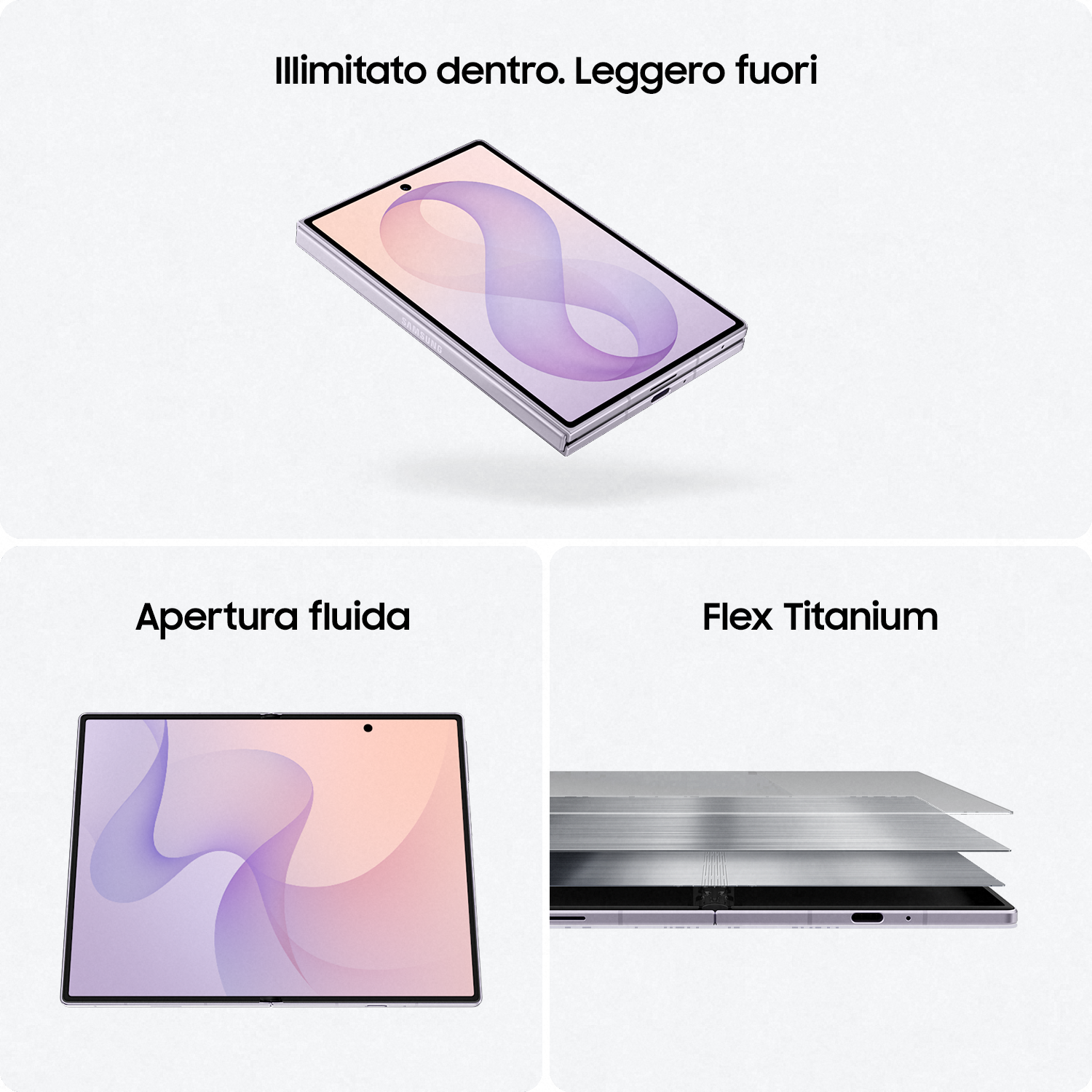 Uno smartphone Samsung pieghevole con display fluido e strati in flex titanio in una vista a tre parti.