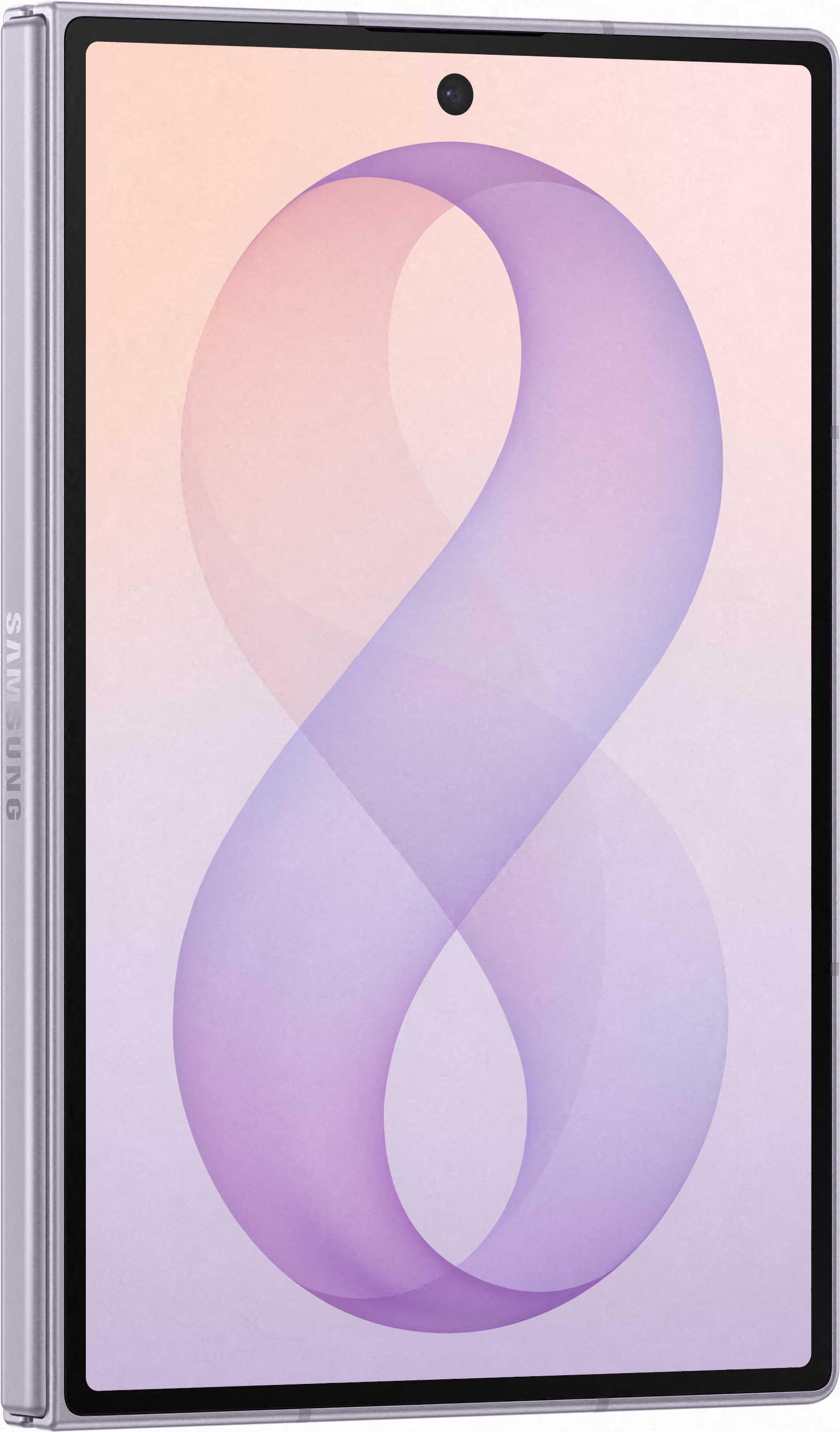 Un tablet Samsung mostra uno sfondo pastello con un numero otto viola e una fotocamera centrale.